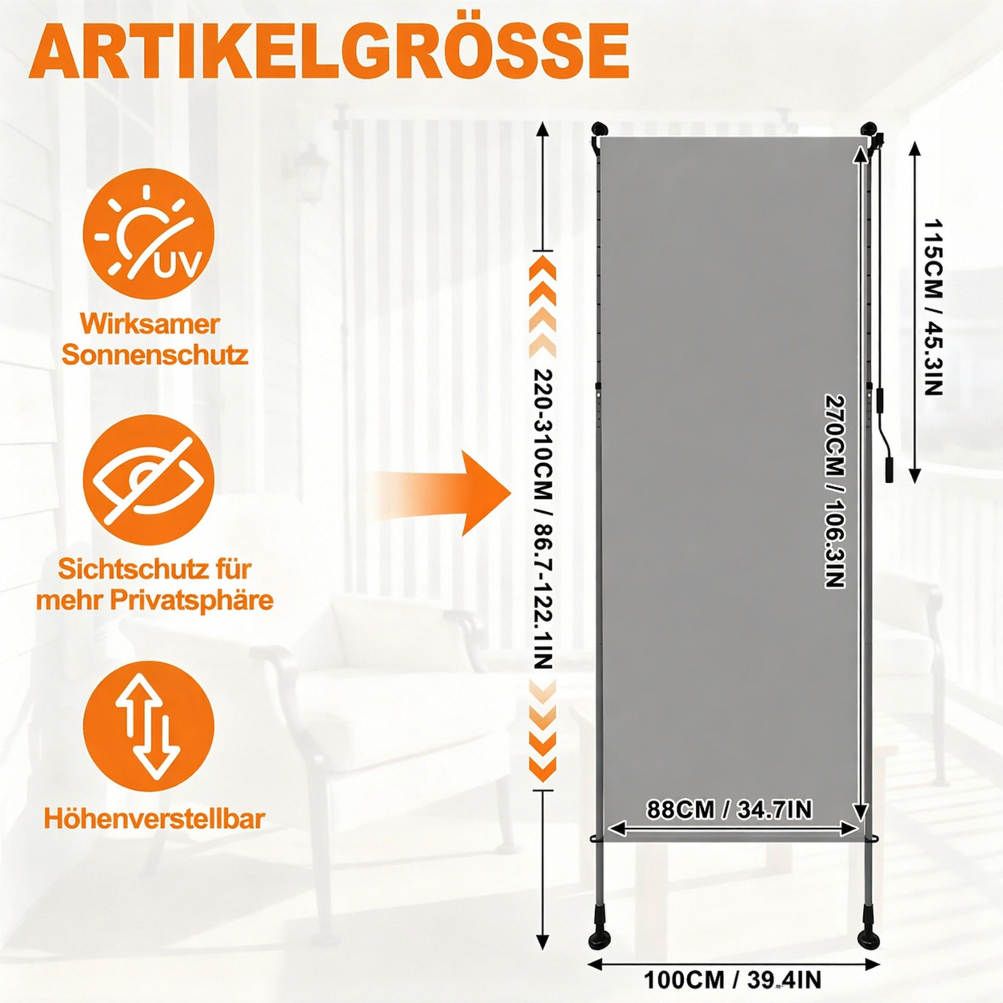 Huracan Senkrechtmarkise Klemmmarkise Ohne Bohren, (Vertikalmarkise Mit Handkurbel, Höhenverstellbarer Balkon-Sichtschutz) Wetterfester Sonnenschutz Für Terrasse Und Garten