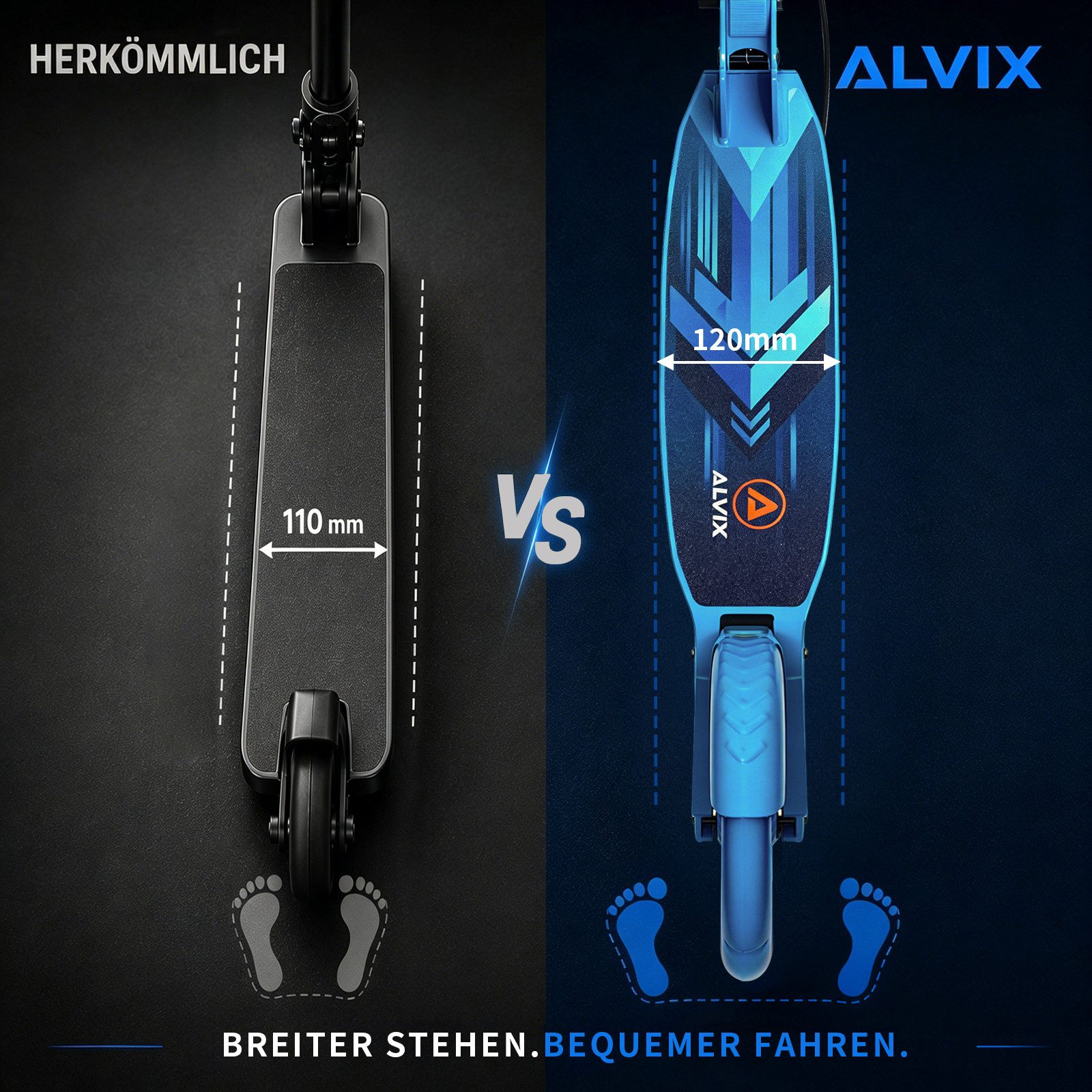 ALVIX Cityroller Kinderroller K-Serie mit Handbremse, (Einzelartikel, 1 Scooter, 1 Tragegurt, 1 Bedienungsanleitung), 200-mm-LED-Räder, breites 120-mm-Deck, faltbar, Tragegurt