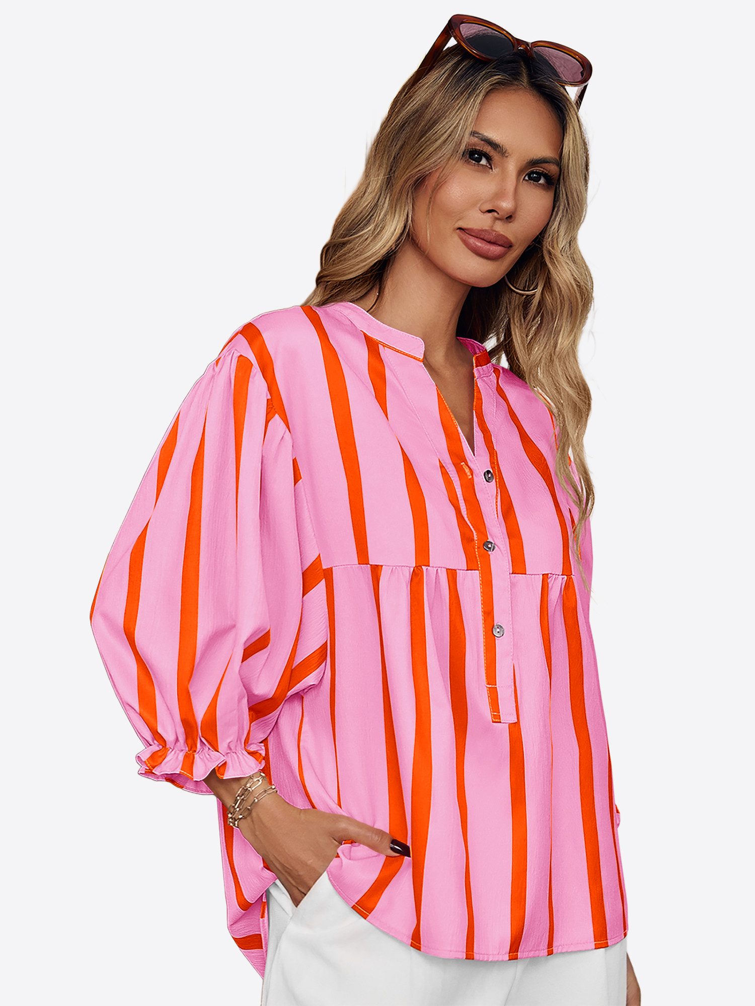 Imily Bela Blusentop Damen Puffärmel Bluse gestreift (Packung, 1-tlg., 1per-Pack) kontrastfarben