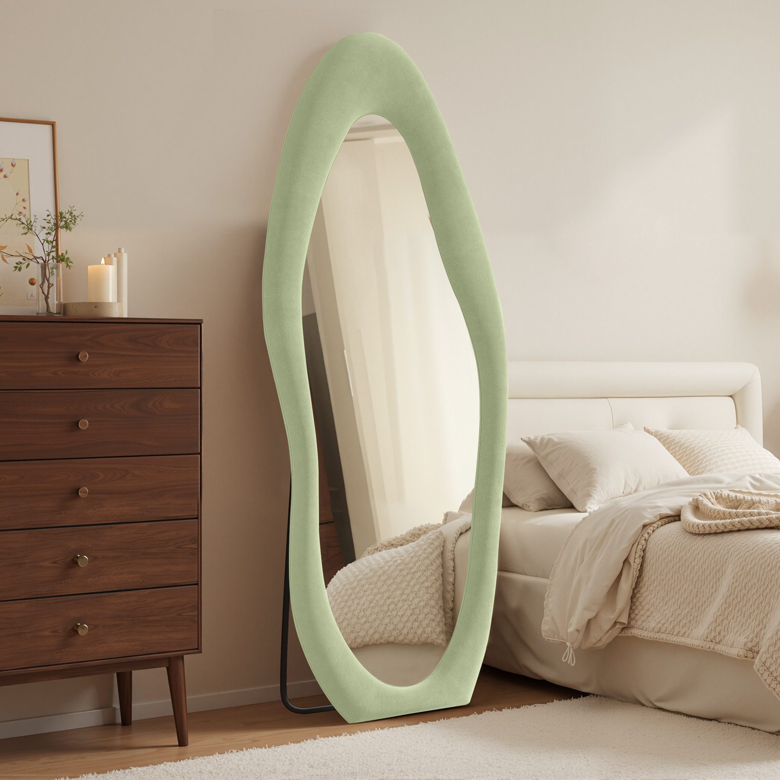 LUNAMIRROR Ganzkörperspiegel in organische Form, mit Samtbezug und Holzrahmen (1-St), stehend & hängend, 160x60 cm