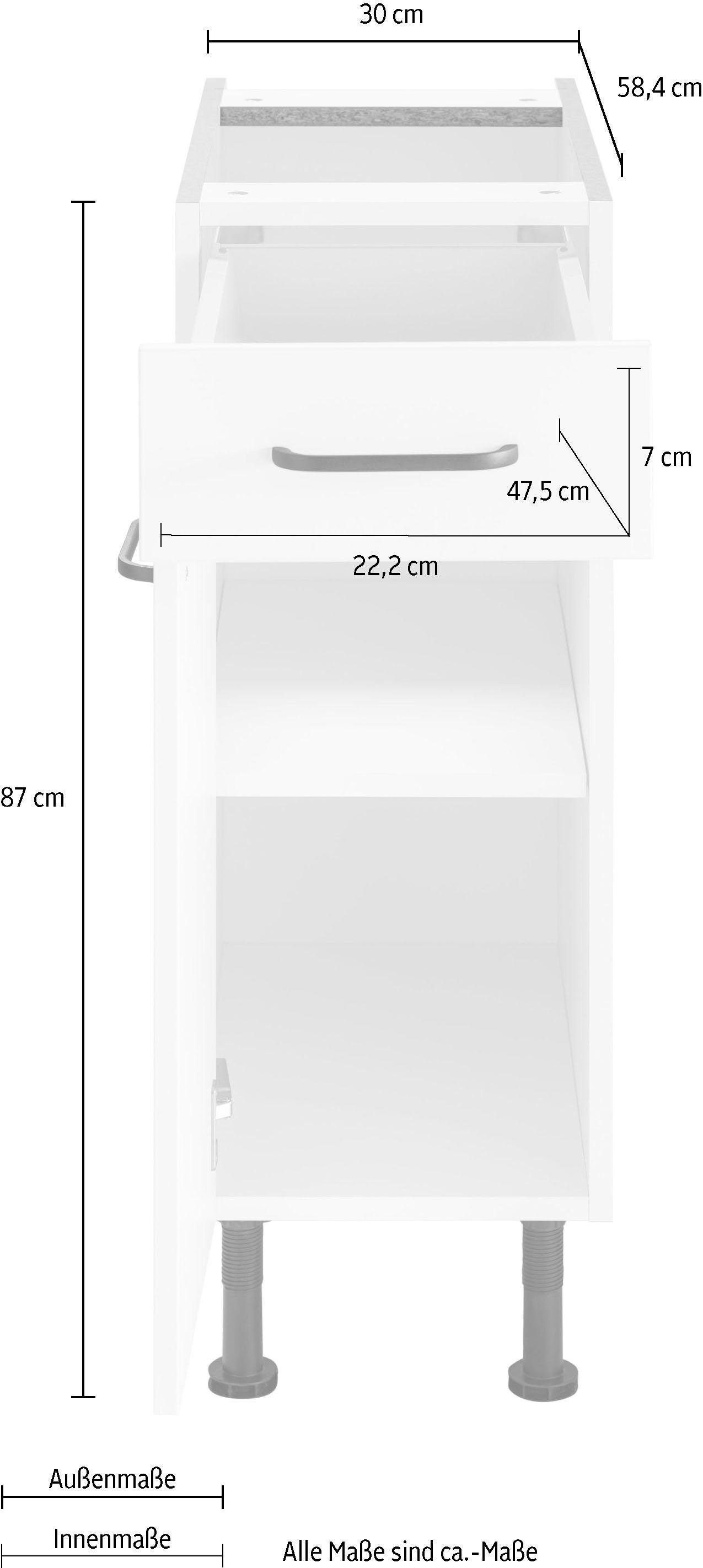 weiß/weiß weiß 30 höhenverstellbaren Elga Breite OPTIFIT Unterschrank | mit cm Füße, Soft-Close-Funktion,