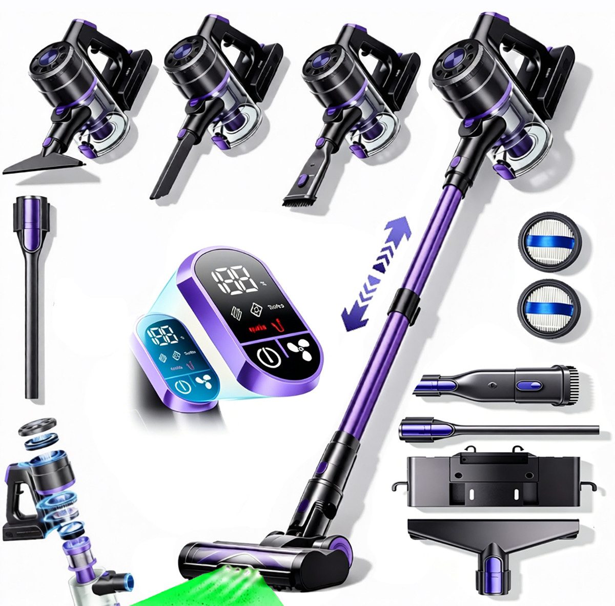 AKKEE Akku-Hand-und Stielstaubsauger Akku Staubsauger, 78000pa/550W/70min, Staubsauger Kabellos, 550 W, beutellos, Mit LED Display, 3 Saugstufen,Akkusauger,Für Böden,Teppich,Tierhaare