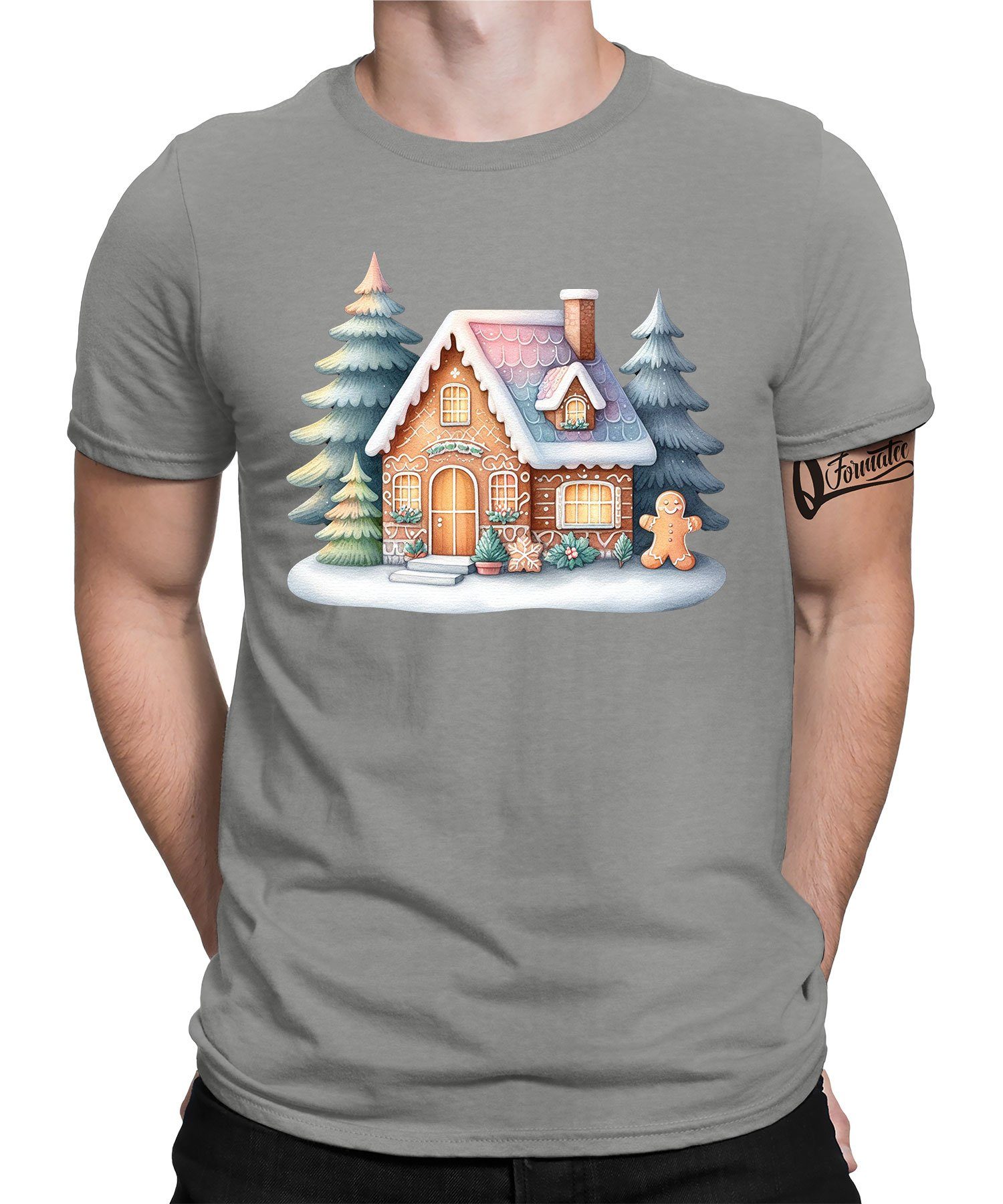 Kurzarmshirt Quattro Christmas Herren Formatee T-Shirt Weihnachten Heather - Grau (1-tlg) Keks X-mas Lebkuchenhaus