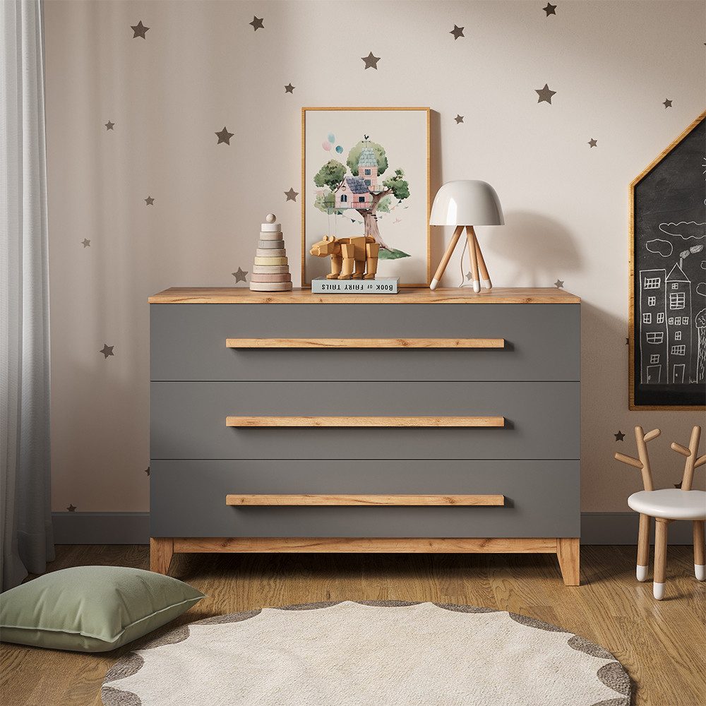 VitaliSpa® Wickelkommode Malia, Grau/Artisan/Artisan, 133.2 x 98 cm mit 3 Schubladen