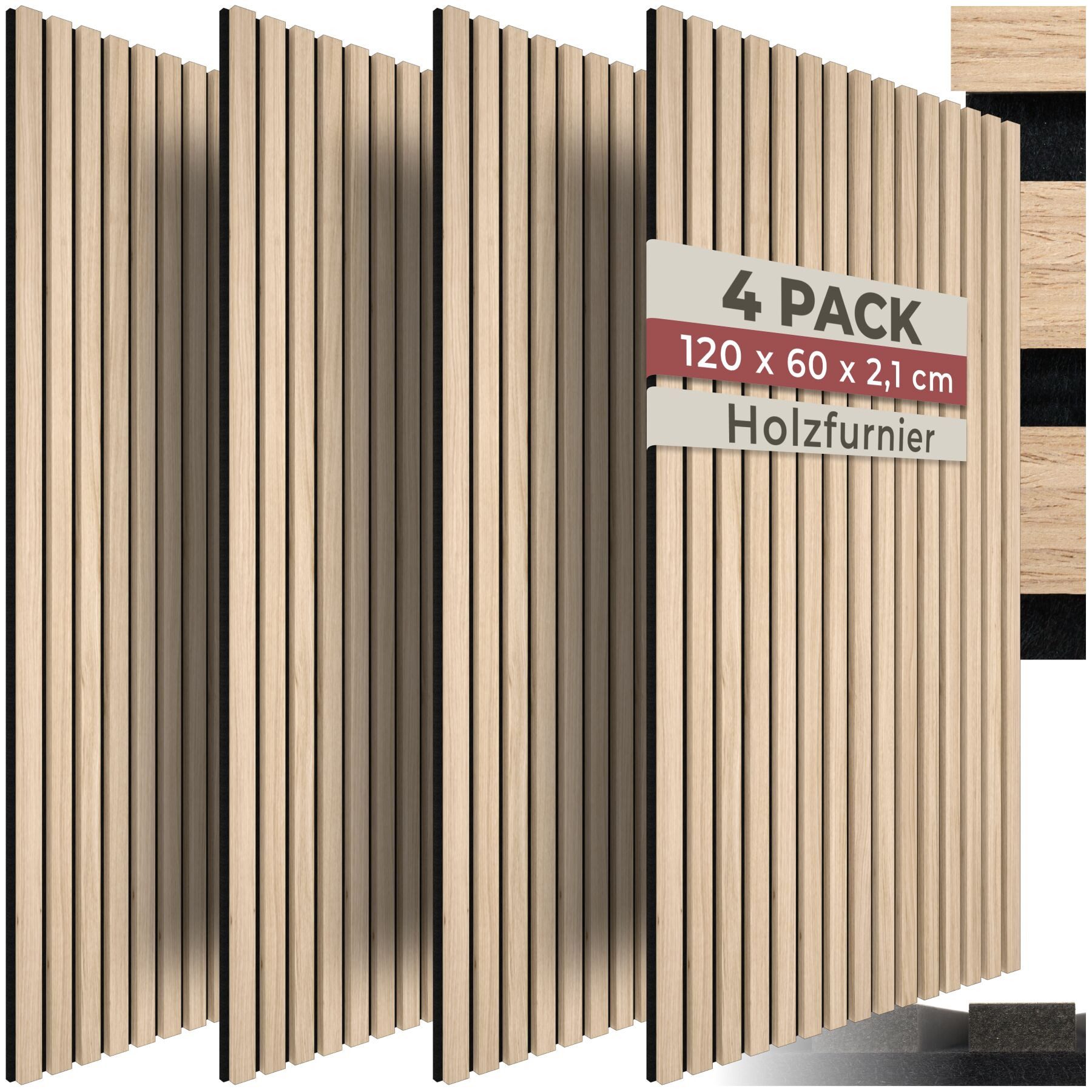 tectake Wandpaneel Akustikpaneele aus MDF und Echtholzfurnier - Eiche hell, BxL: 60x120 cm, 0.72 qm, (Holzpaneele Sonic Wall II, 4-tlg., Größe flexibel anpassbar) schallabsorbierender Filz, einfache Montage mit Kleber oder Schrauben