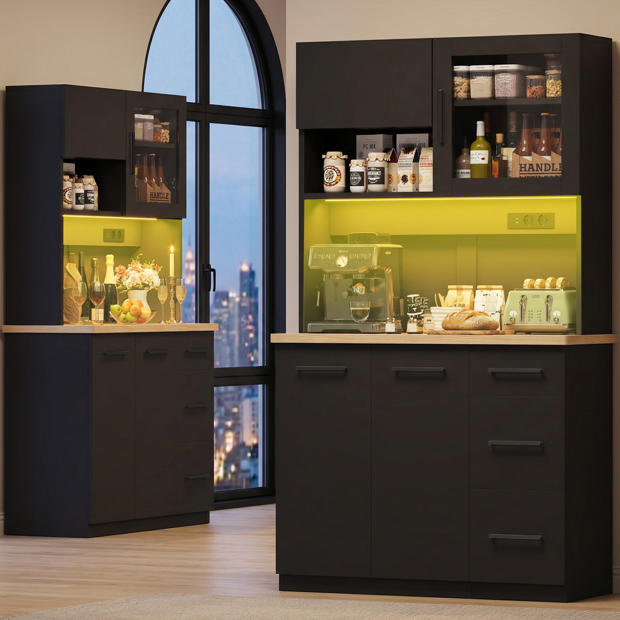 HOMALL Küchenbuffet Hohe Schränke, Küchenzeilen, Sideboards, mit LED-Beleuchtung (Maße: 100 × 40 × 182 cm, mit 3 Schubladen + 3 Schranktüren + 1 offenem Staufach und Arbeitsplatte, 2 Steckdosen + 2 USB-Anschlüssen, mit verstellbaren Einlegeböden)