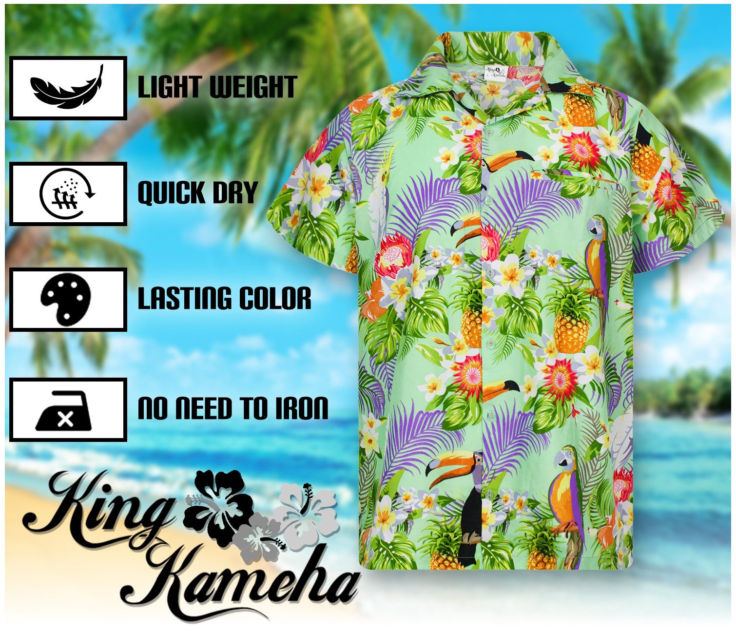 King Kameha Hawaiihemd Parrot Cockatoo Funky Hawaii-Hemd Kurzarm Front-Tasche Stylish Unisex