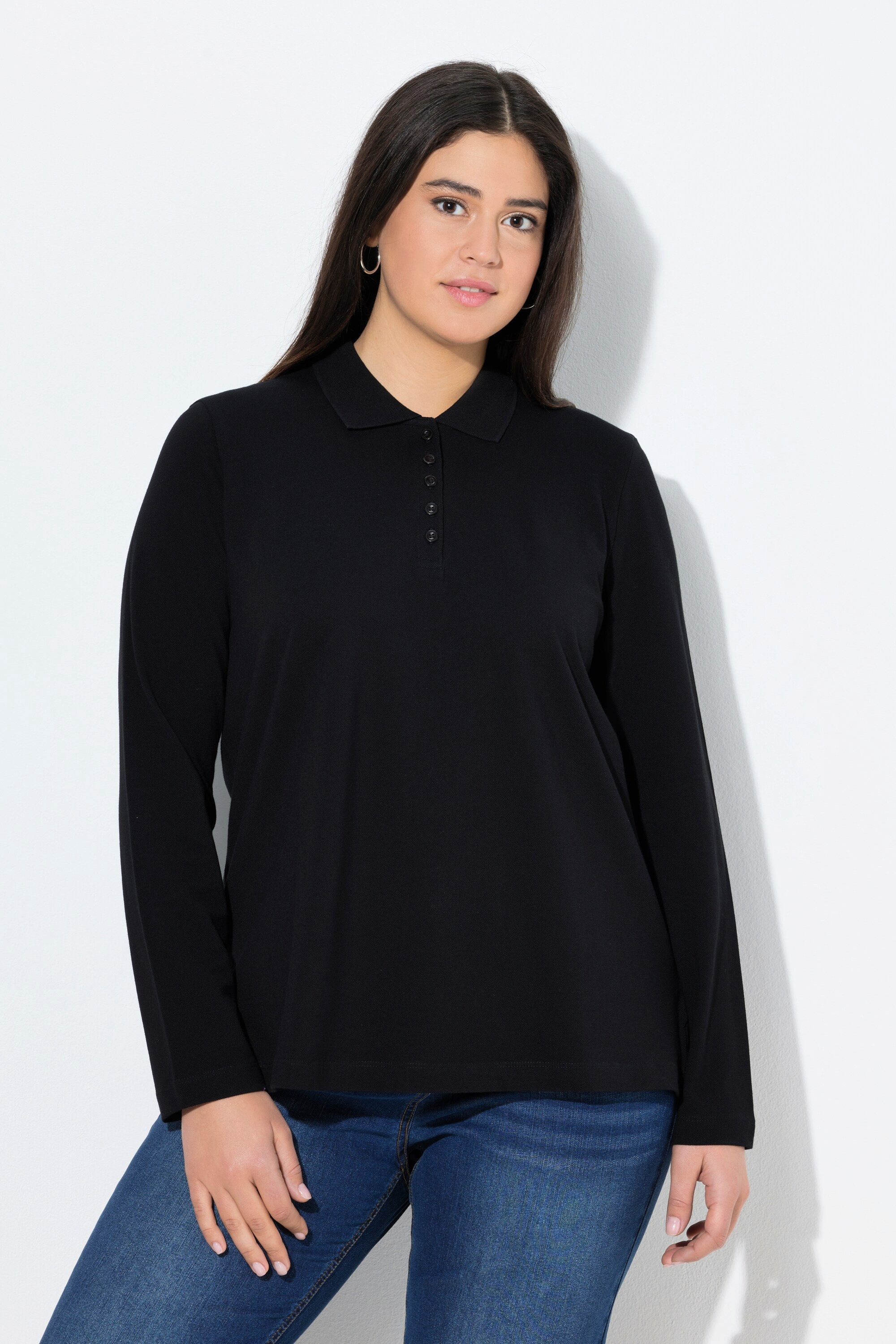 Ulla Popken T-Shirt Poloshirt Knopfleiste Polokragen Langarm günstig online kaufen