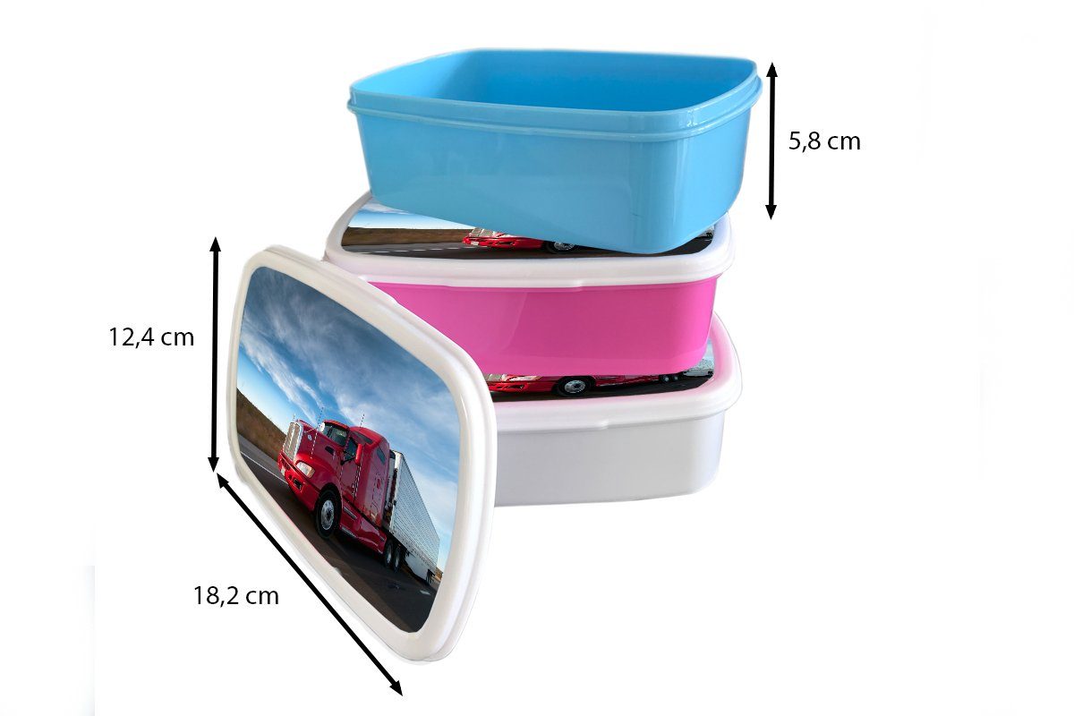 MuchoWow Lunchbox Roter Brotbox Brotdose, mit Kinder (2-tlg), Erwachsene, und Mädchen für Lastwagen Kunststoff, Jungs und bedrohlichem Himmel, weiß für