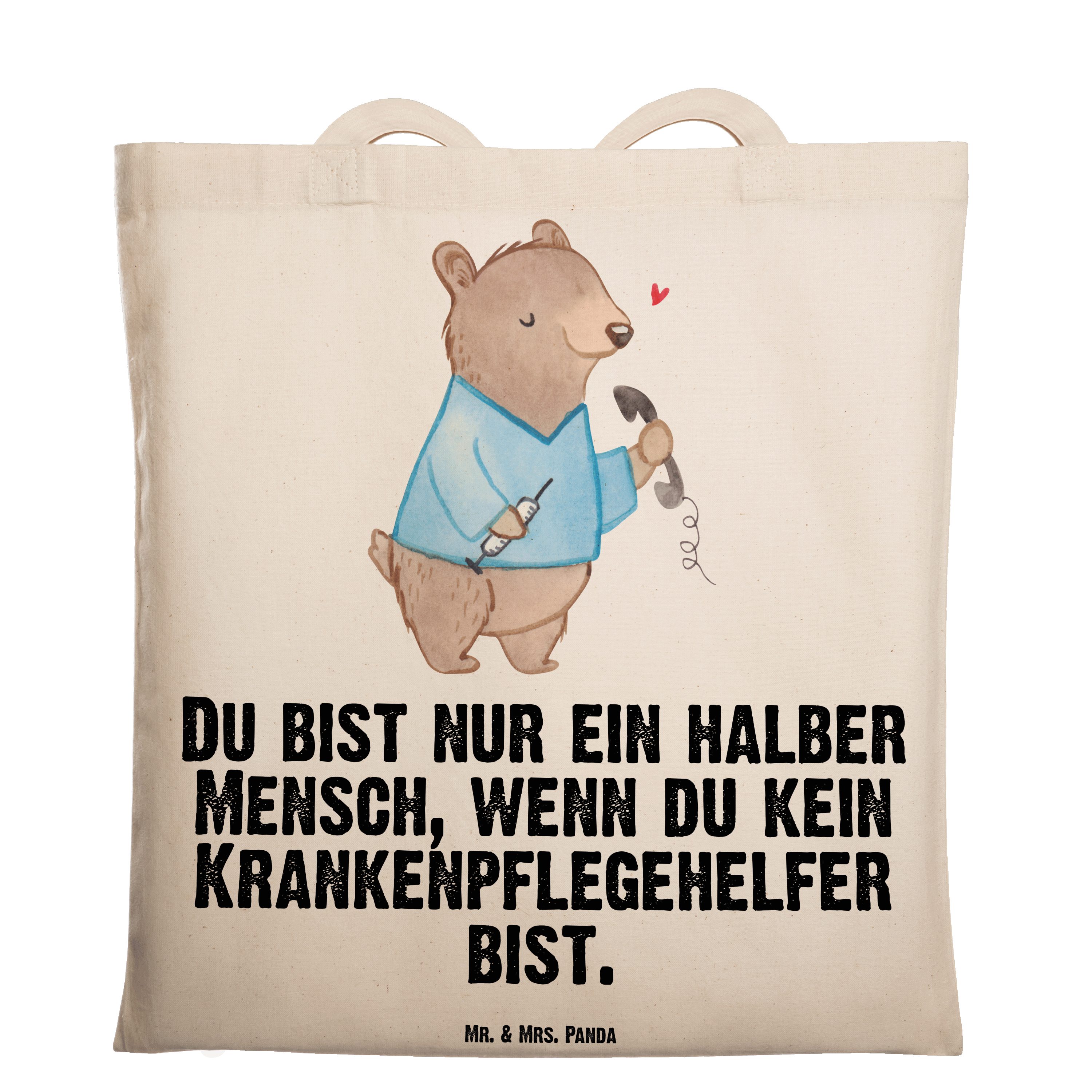 Mr. & Mrs. Panda Tragetasche Krankenpflegehelfer mit Herz - Transparent - Geschenk, Kollegin, Pfle (1-tlg)