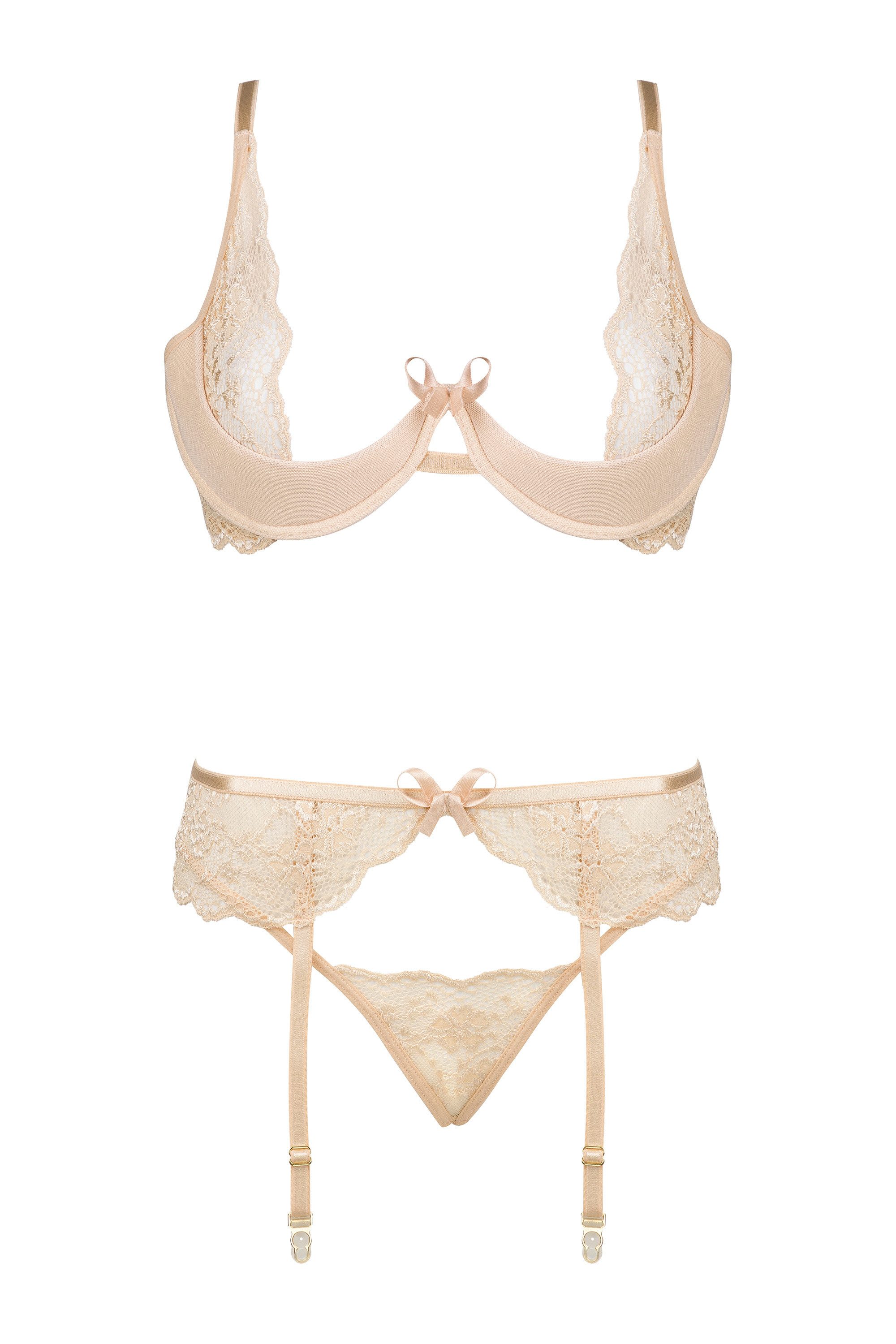 Beauty Night Fashion Set: Bügel-BH Strapse-Set Rose beige Bügel-BH String (Set)