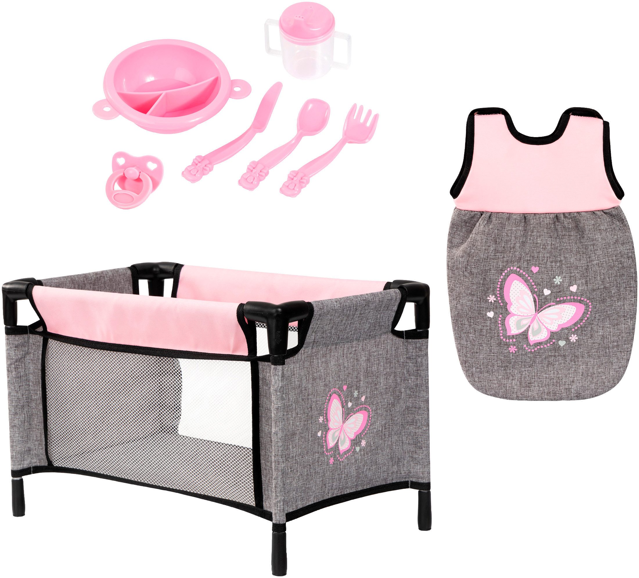 Bayer Puppenbett Puppen-Reisebett-Set (Set, 8tlg), inklusive Schlafsack, Teller, Trinkbecher, Besteck und Schnuller