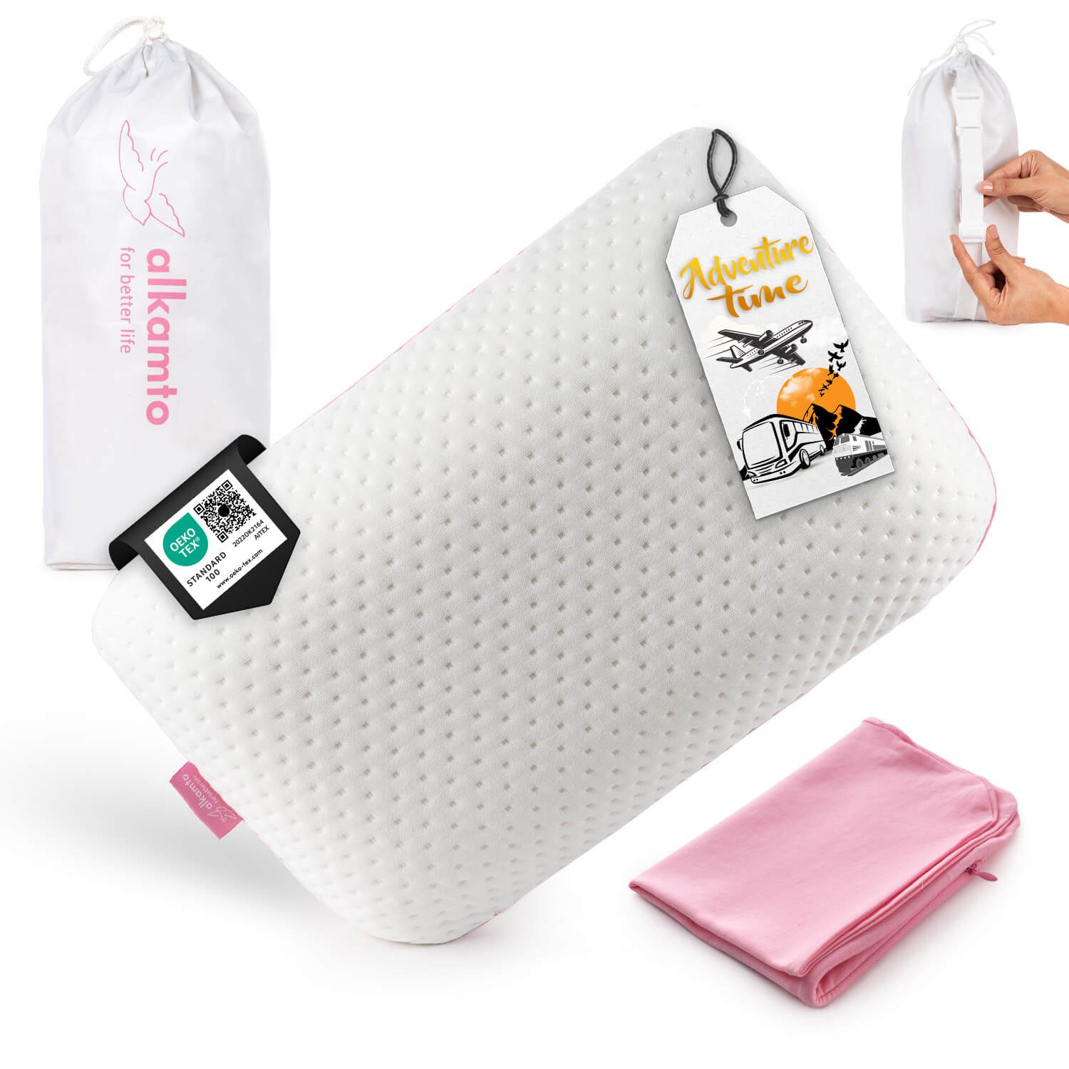 Alkamto Kopfkissen Alkamto Orthopädisches Reisekissen Memory-Schaum 40x25x10 cm Rosa, Füllung: 100% Memory-Smart-Schaum, Bezug: Viskose, Seitenschläfer, Bauchschläfer, Rückenschläfer, 100% Baumwolle, Äußerer Bezug: Viskose, Füllung: 100% Viscoschaum
