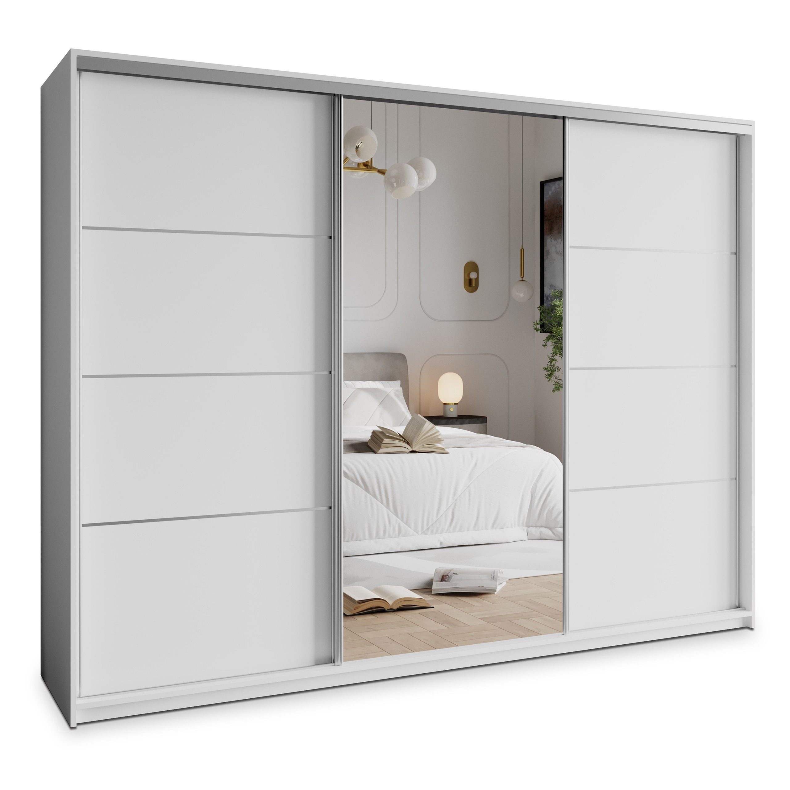 Masseno Schwebetürenschrank VARO 250 cm Kleiderschrank mit Spiegel 3 Türen und 4 Schubladen Weiß