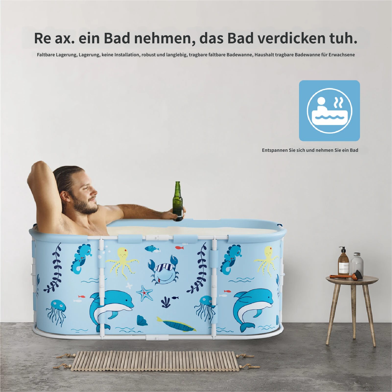 Rutaqian Badewanne Faltbare Badewanne, Erwachsene Tragbarer mit Metallrahmen, (Badewanne Kann Frei Eingebaut Werden mit Abdeckung,Verdickt,Einziehbar, 1-tlg), Großer Familie Badewanne für SPA, Dampfeimer für Sauna, Eisbad