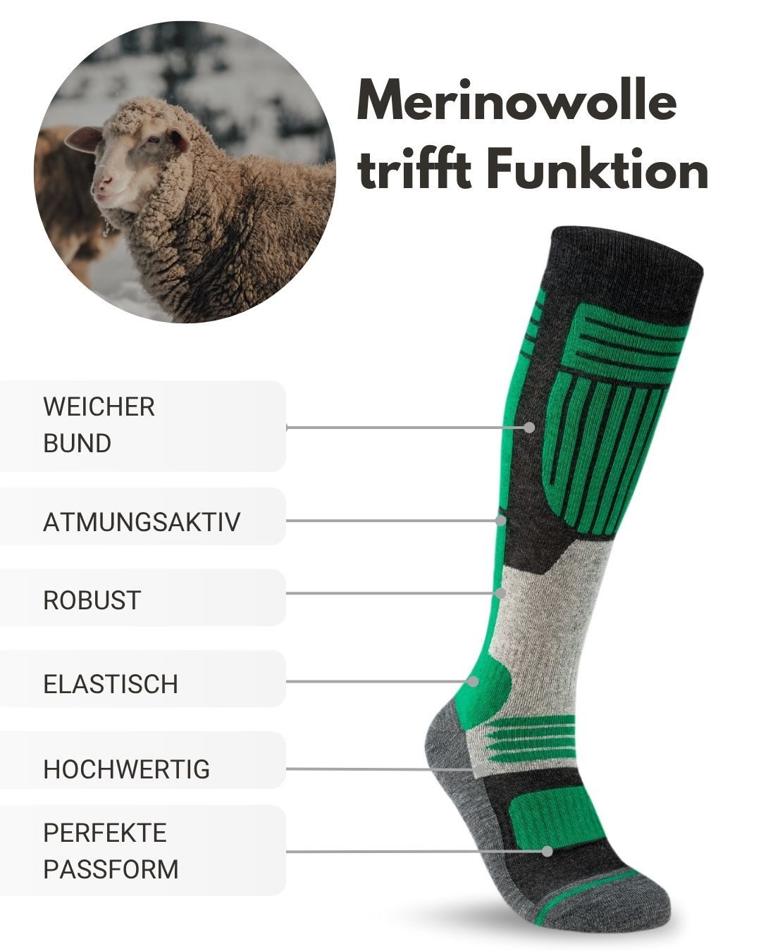 sockenkauf24 Skisocken Merino Herren 2 Paar Ski Kniestrümpfe Merinowolle (2-Paar) atmungsaktive Skisocken mit verstärkten Belastungszonen