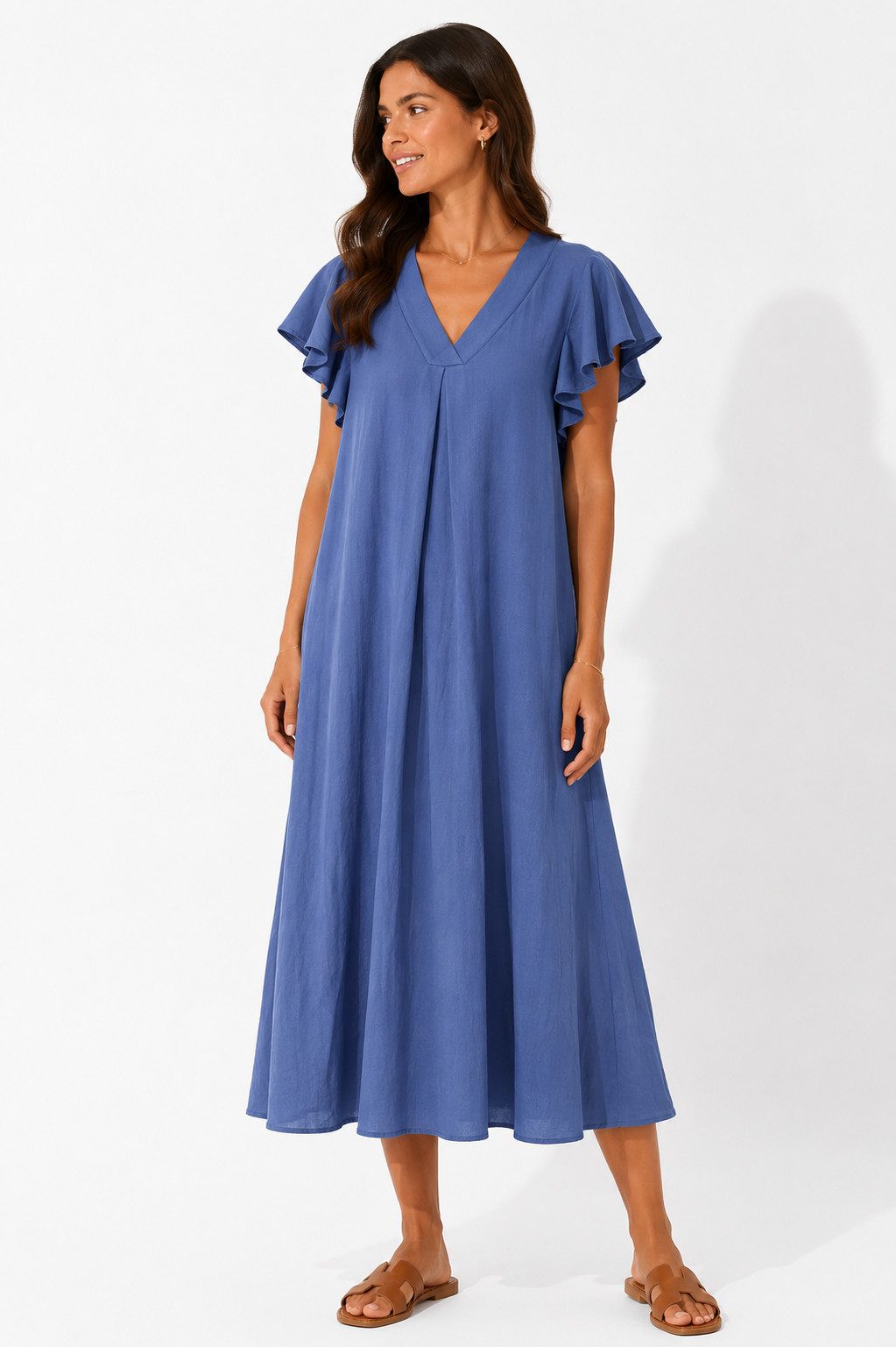 ITALY VIBES Sommerkleid - luftiges Blusenkleid - Leinenkleid mit V-Ausschnitt - Damen Kleid