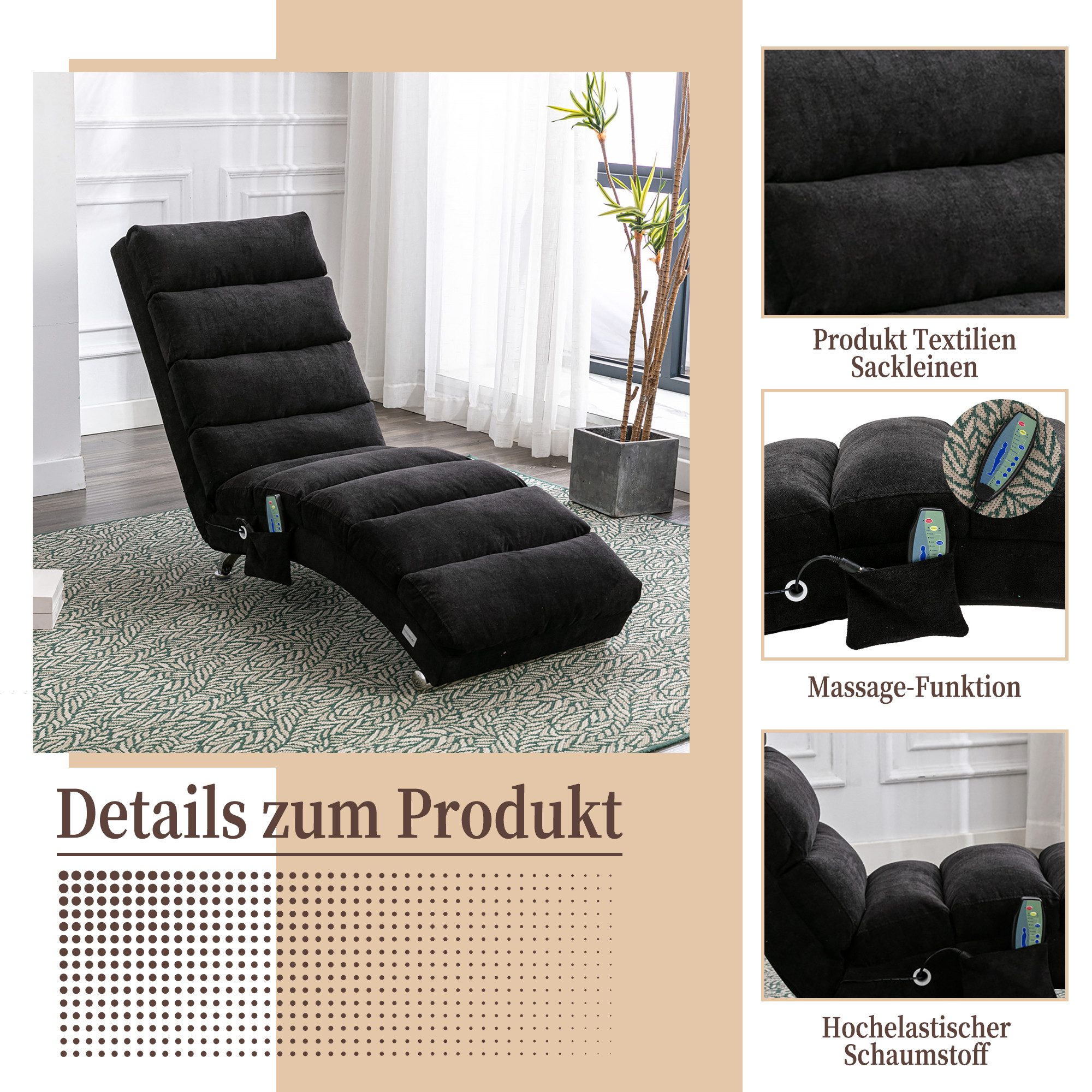 Totnz Relaxliege mit Massagefunktion, Leinenbezug, ergonomische Rückenlehne 140°, gepolstert mit Knopfheftung, Seitentasche, stabiler Holzrahmen & Stahlbeine