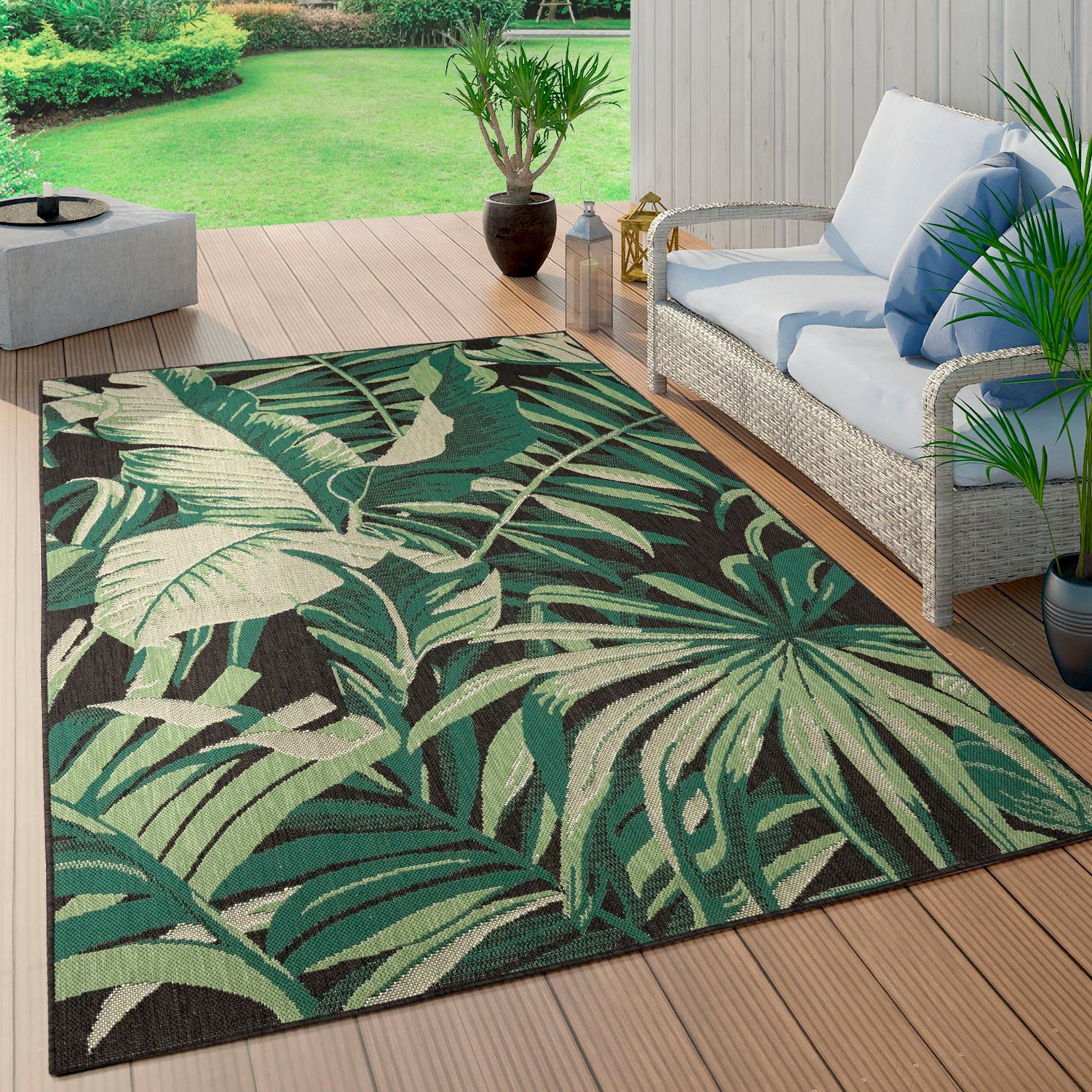4 In- Teppich Outdoor Flachgewebe, Paco mm, geeignet Höhe: schwarz und Ostende 551, Palmenblätter, rechteckig, Home, Motiv