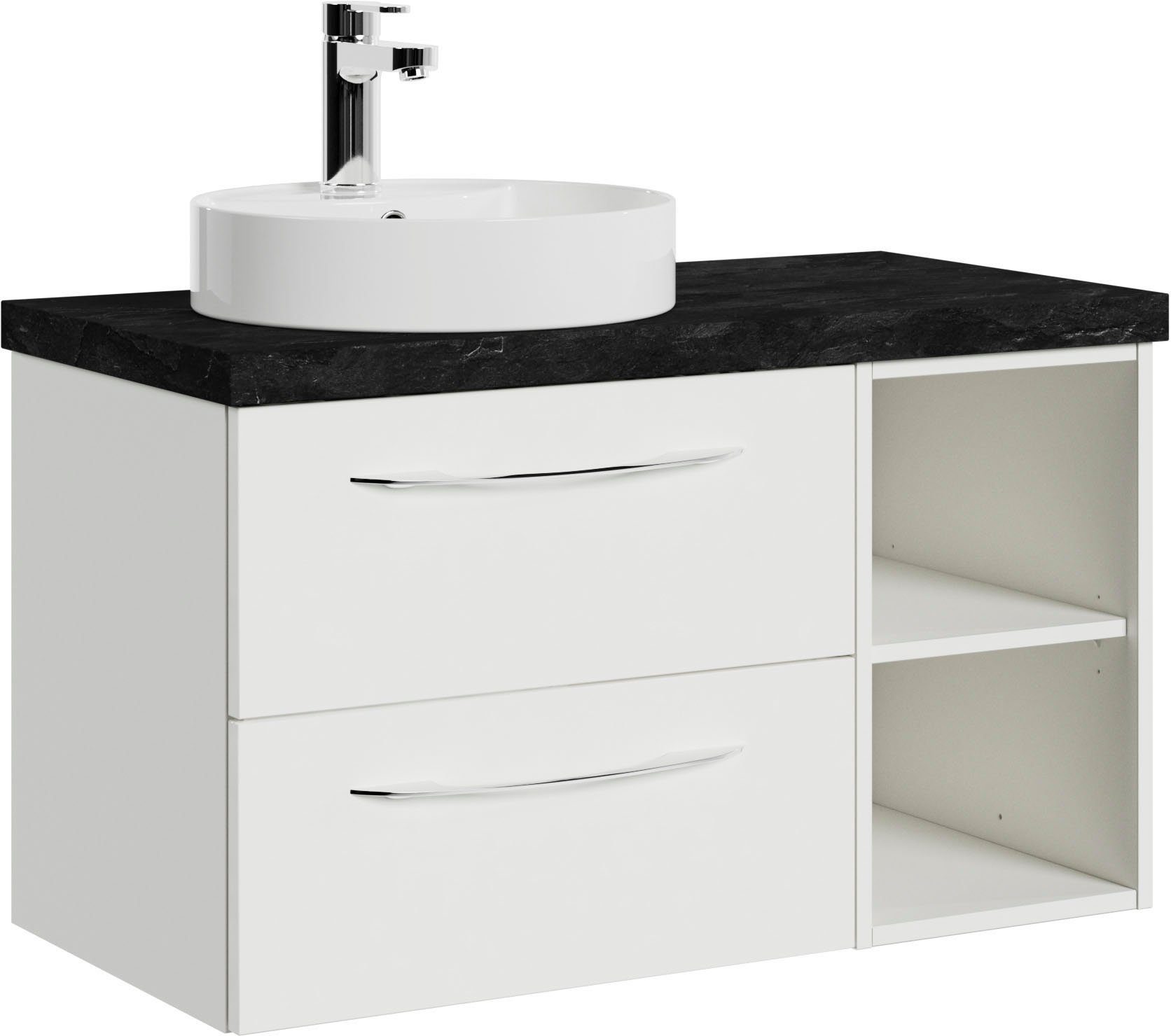 Saphir Waschtisch Serie 4035 Keramik-Aufsatzbecken mit Unterschrank, 88 cm breit, Waschplatz mit 2 Schubladen, Regalfächer, Griffe in Chrom Glanz