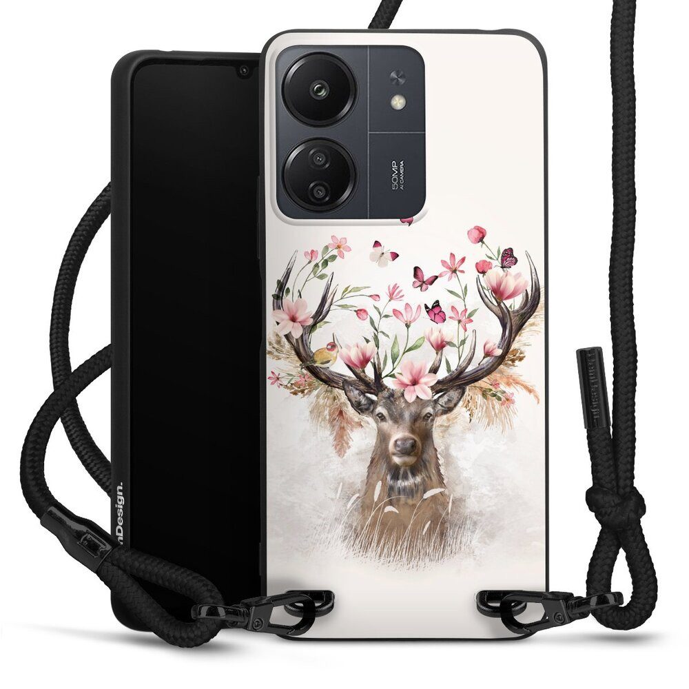 DeinDesign Handyhülle Hirsch Tiere Blumen Hirsch Blumen Geweih, Xiaomi Redmi 13C 5G Premium Handykette Hülle mit Band Cover mit Kette