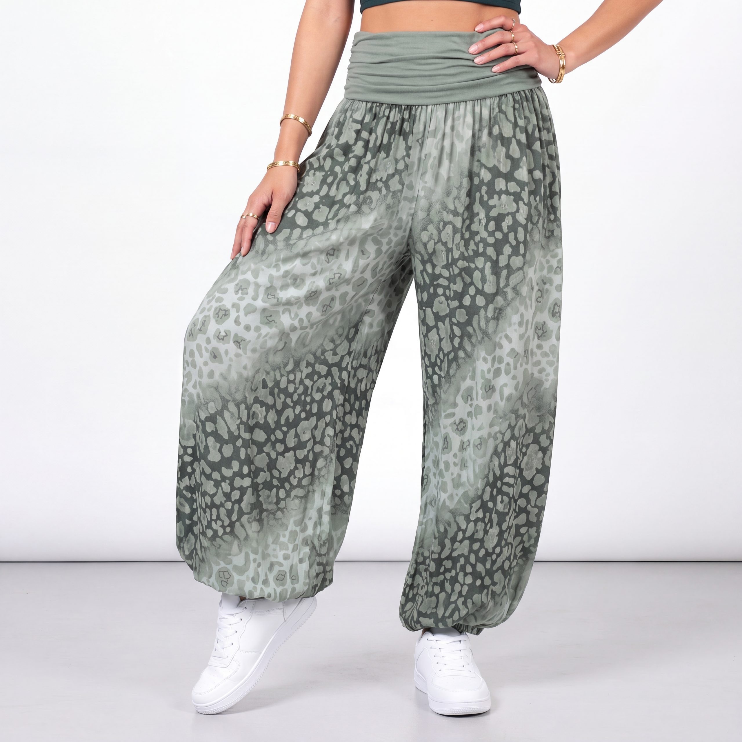OriginalYou Haremshose Flatterhose Damen Sommerhose weite Haremshose Leo Print mit elastischem Bund, sommerliches Design, Middle Waist