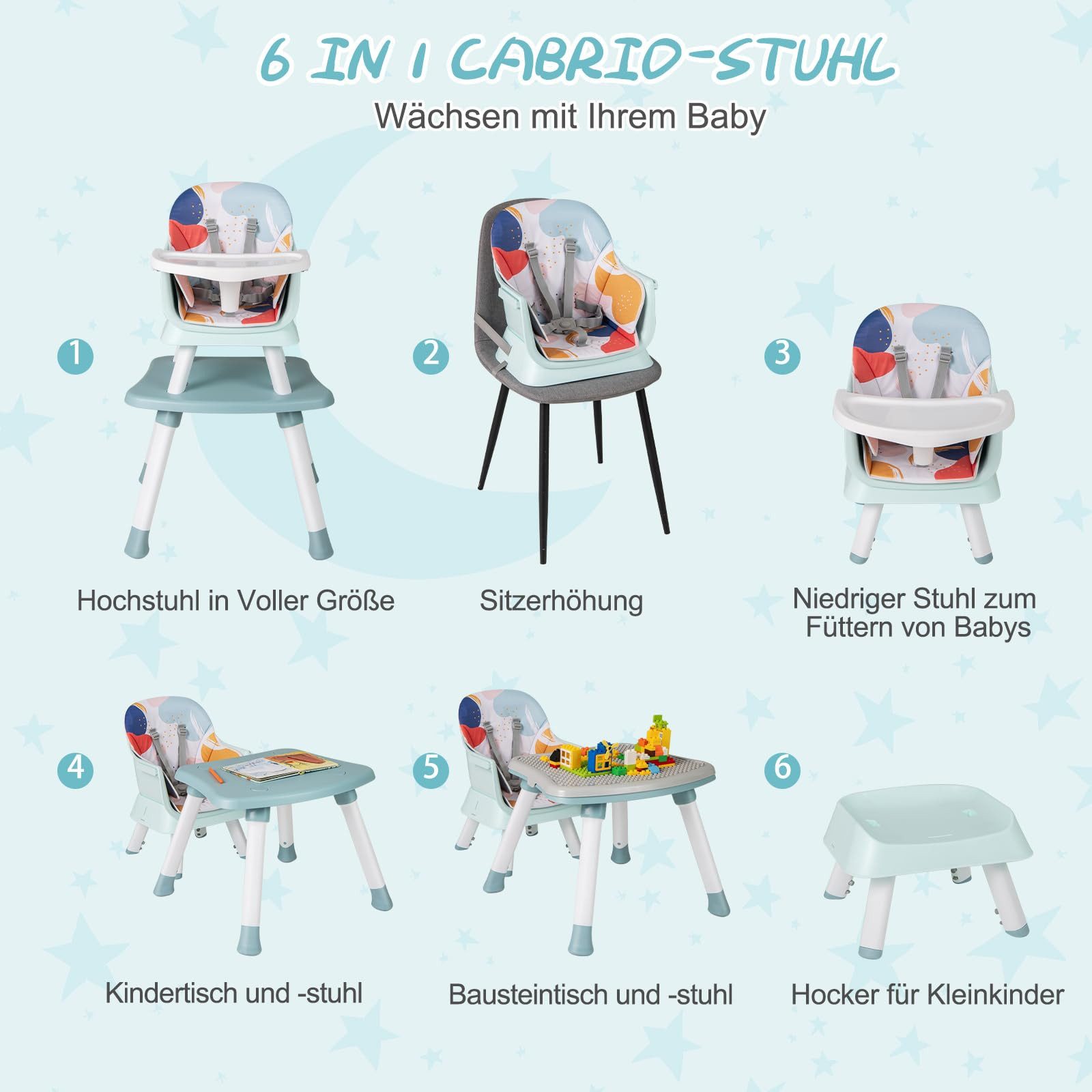 COSTWAY Hochstuhl, 6in1 Kombihochstuhl, Babystuhl, mit Sicherheitsgurt