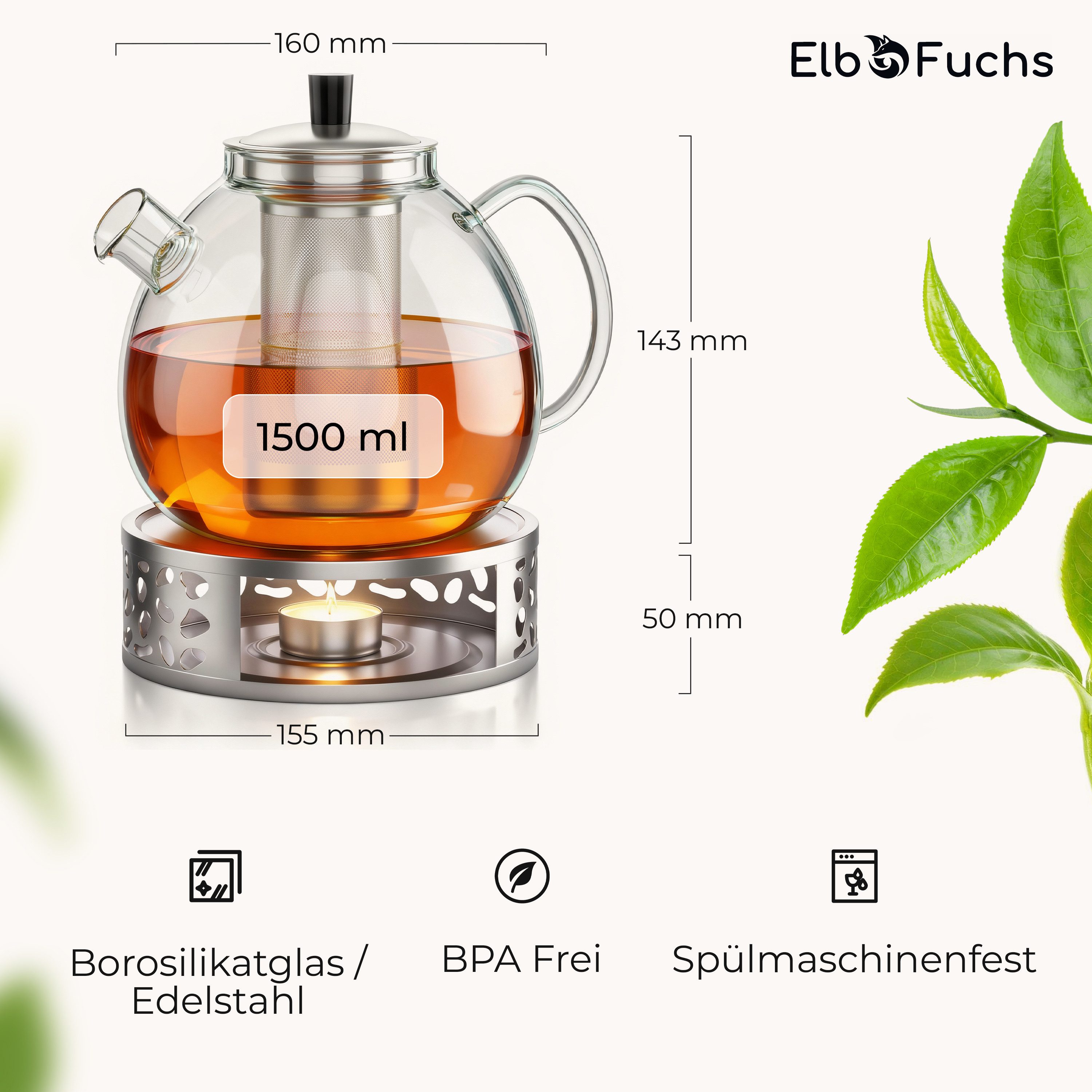ElbFuchs Teekanne mit Siebeinsatz und Stövchen, 1,5 l, (Set), herausnehmbarer Edelstahl-Filter, tropffreier Ausguss