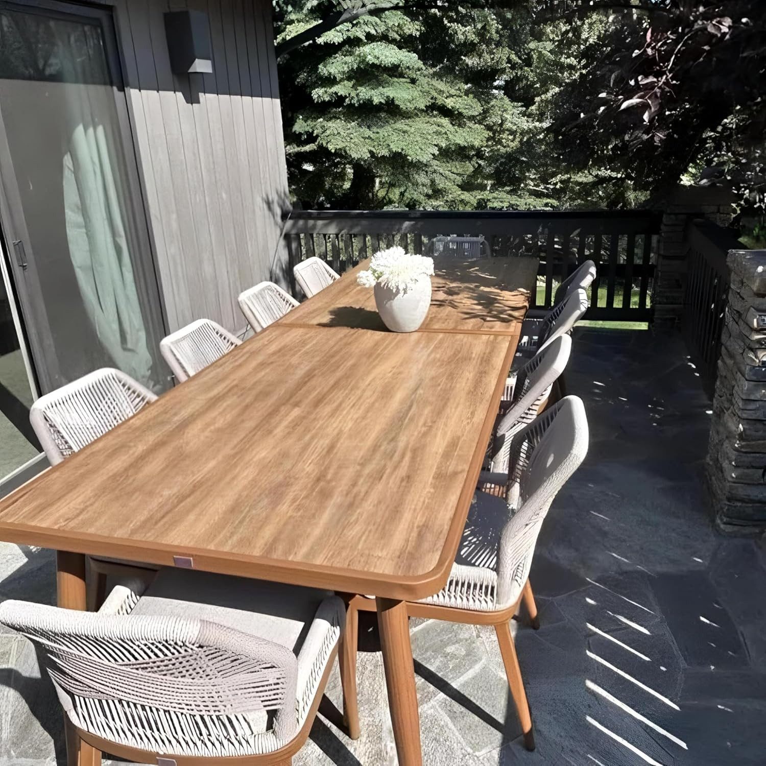 PURPLE LEAF Garten-Essgruppe Gartenmöbel Rattan Teakoptik Aluminium mit Kissen, Landhausstil, (Set), mit Kissen und Rückenlehne