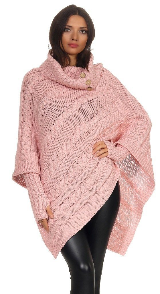 Mississhop Strickponcho Poncho Strick Sweatshirt Pullover Umhang Überwurf mit Stulpen 3012 Rosa