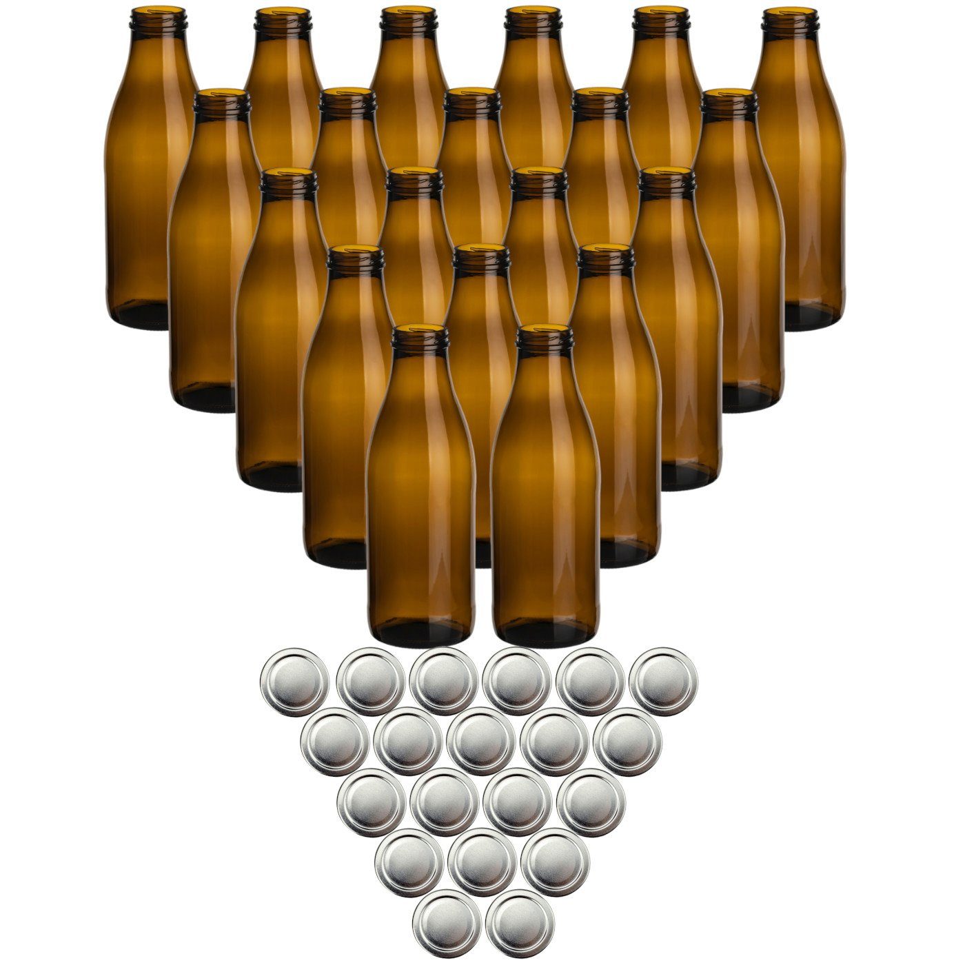gouveo Trinkflasche Saftflaschen 1000 ml mit Schraub-Deckel - Große Flasche 1,0 l aus Glas, 20er Set, braun/silberfarben
