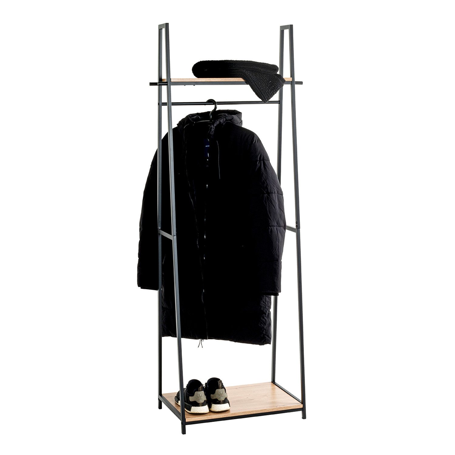 HAKU Kleiderständer PESCARA 1 Garderobe - eiche-schwarz - MDF, Metall - H. 166cm x B. 68cm, (1xStandgarderobe, Hakenständer - Aufhängeständer), Kleiderständer - Mantelständer - Jackenständer
