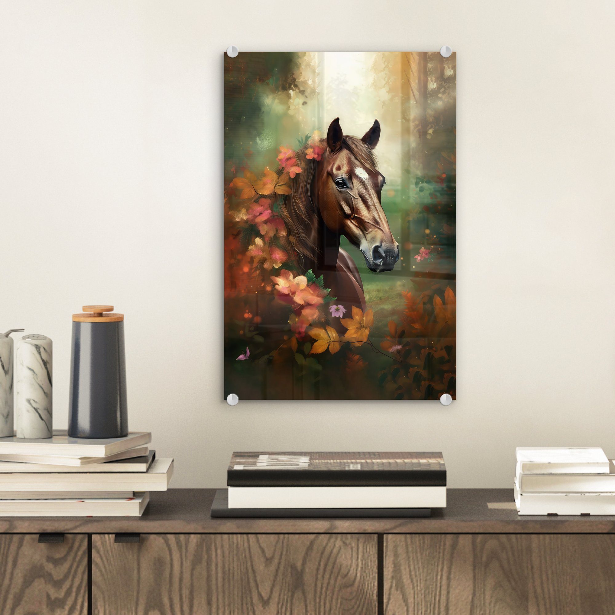 MuchoWow Acrylglasbild Wandbild - - Wanddekoration Pferd auf Tiere Orange, Bilder St), - - Glasbilder Wald auf Blumen Foto - - Glas (1 - Natur - Glas