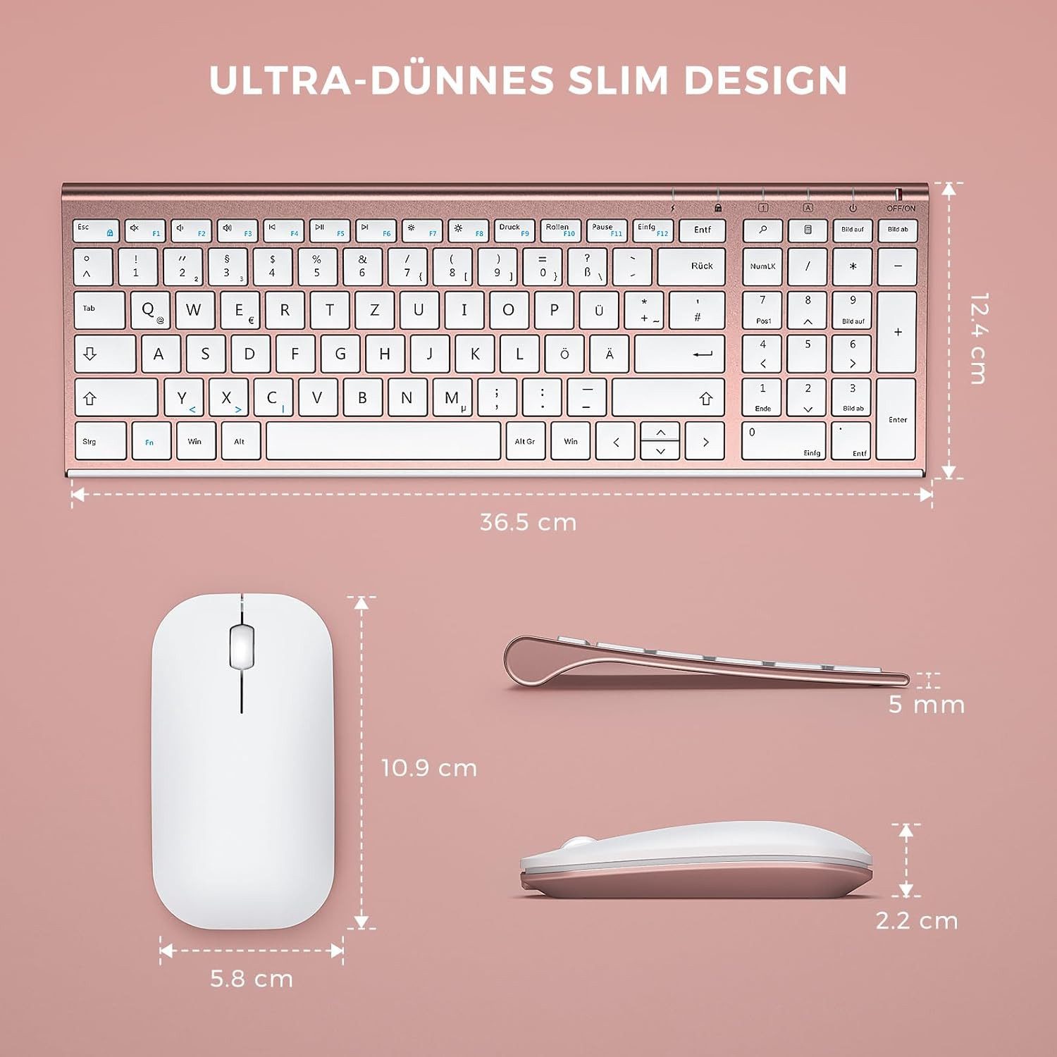 Seenda WGJP-031B Tastatur Maus Set Kabellos Wiederaufladbare Aluminium Tastatur- und Maus-Set, (für PC/Laptop/Smart TV, 1200 DPI), Ultradünne und Leise Funktastatur mit Maus