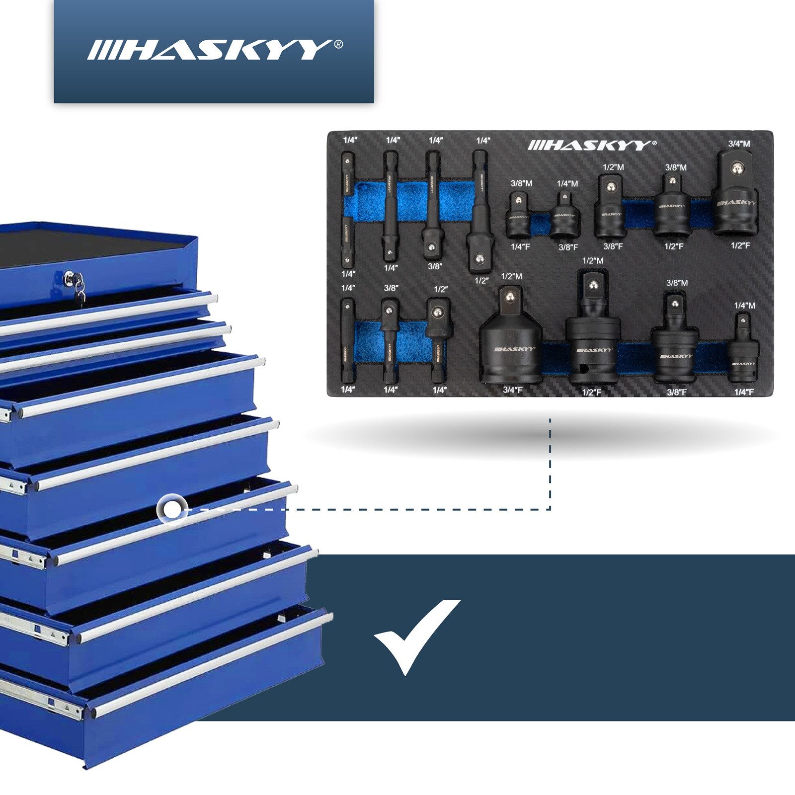 HASKYY Stecknuss 17 tlg. Steck-Nuss-Adapter-Satz für Schlagnuss 1/4" 3/8" 1/2" 3/4"