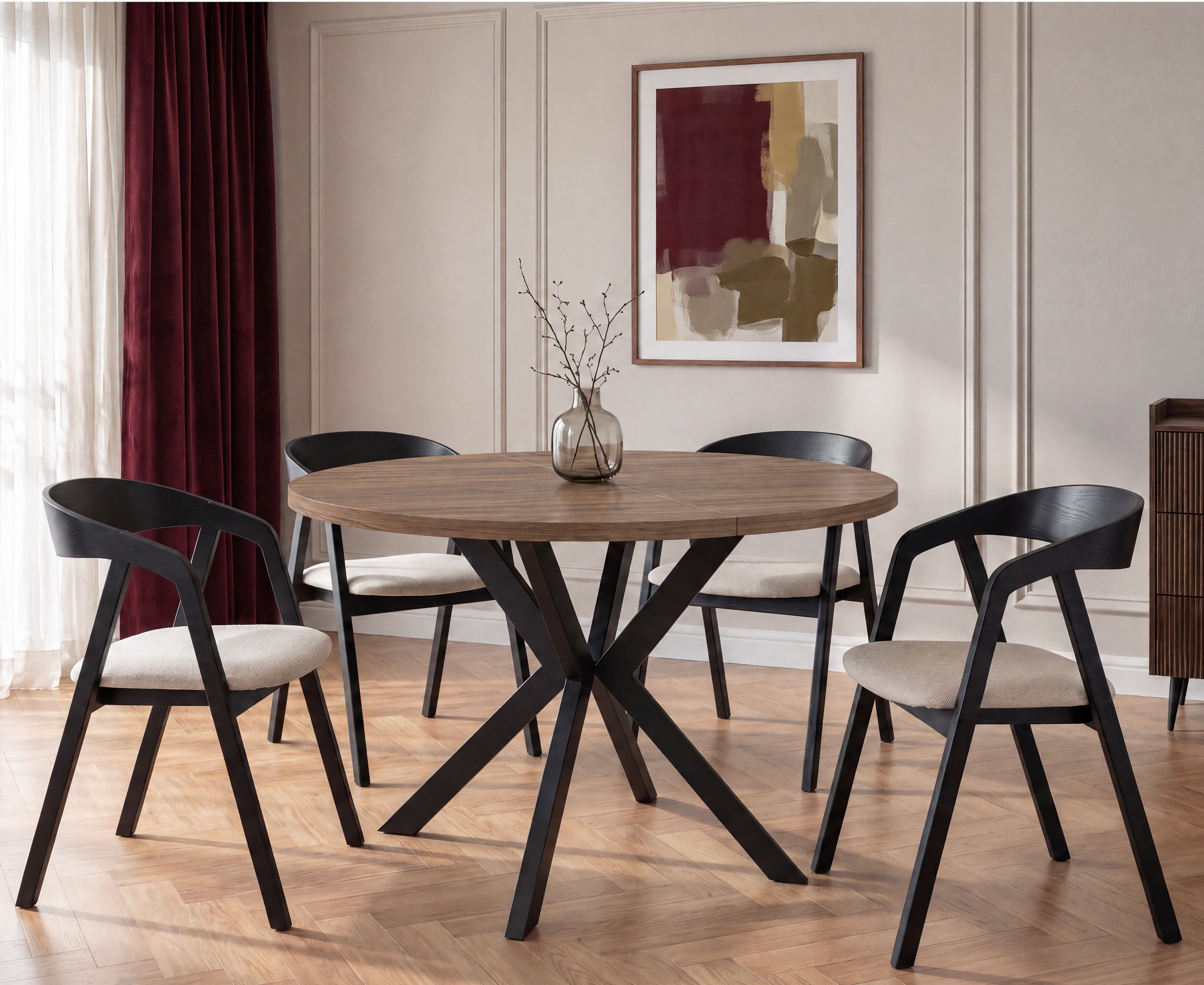 WFL GROUP Esstisch Valeo ausziehbar rund industrial mit schwarzen Metallbeinen (MADE IN EU, erhältlich in zwei Größen – 100/120 cm, ausziehbar auf 180/200 cm), platzsparender Tisch in Holzoptik für Küche, Esszimmer oder Wohnzimmer