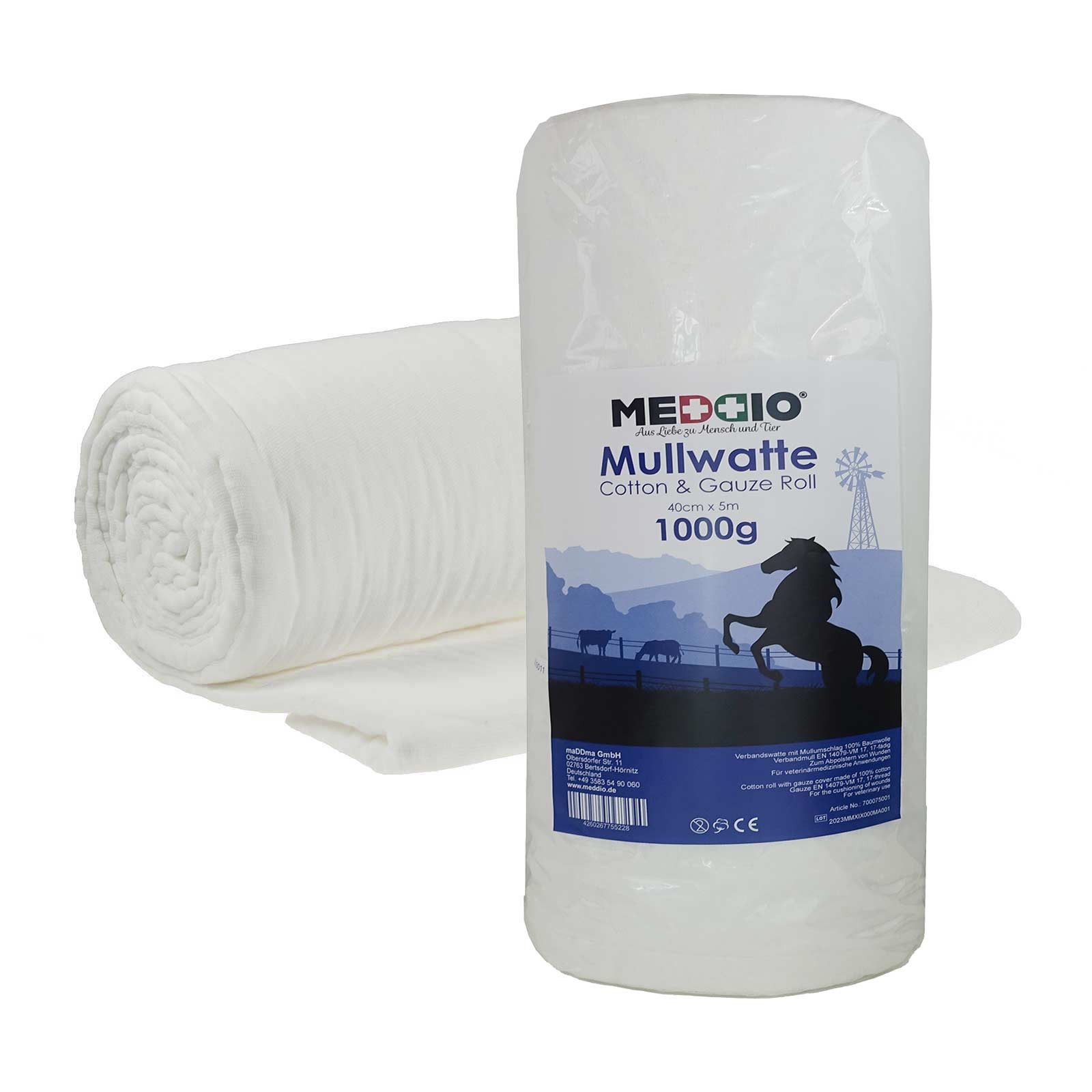 meDDio Pferdebandage 1 Mullwatterolle 40cm Verbandwatte Bandagierwatte Polsterwatte (Einzelrolle)