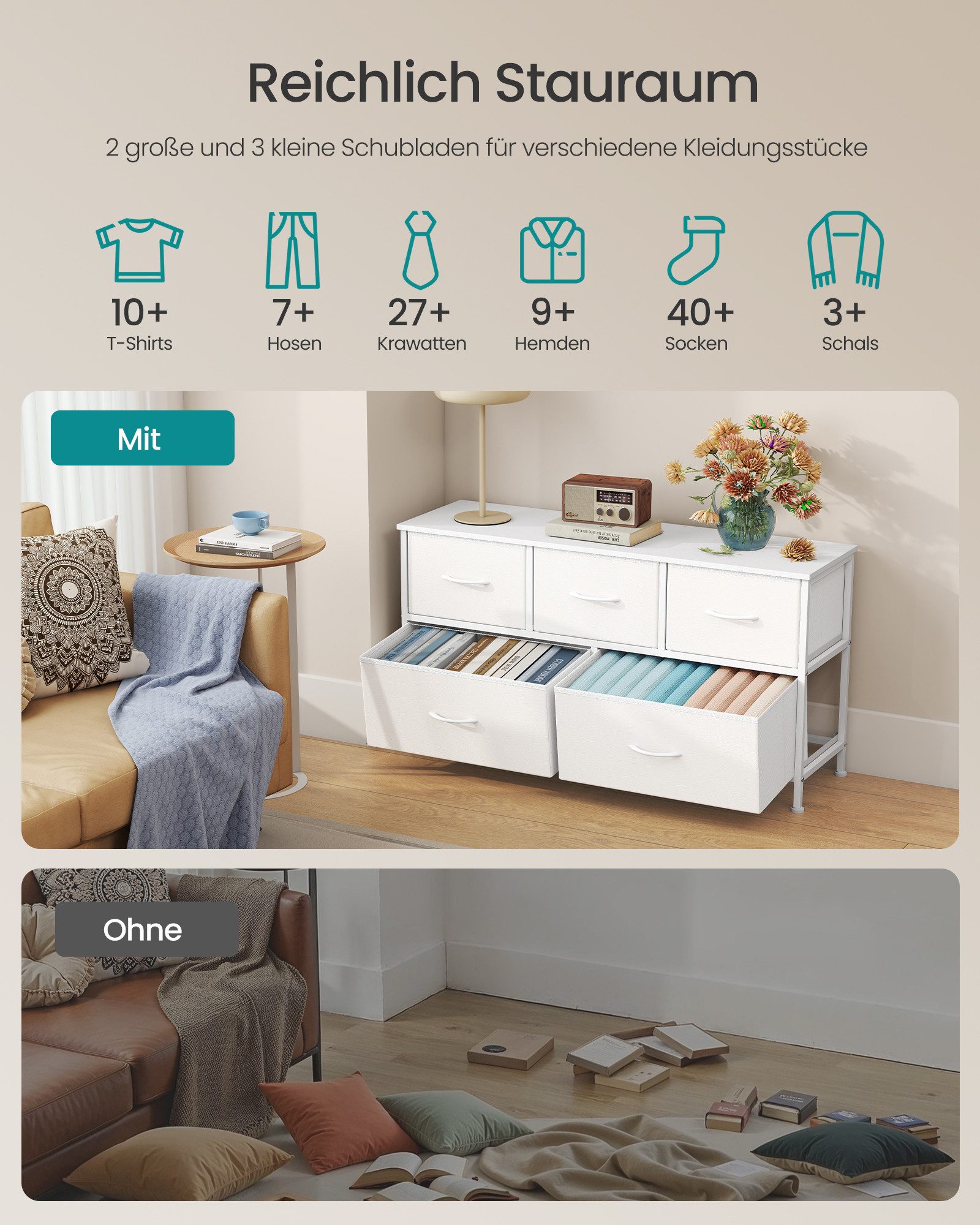 SONGMICS Kommode Schrank mit 5/6/7/8/9 Schubladen, Aufbewahrungsschrank, Stahl, MDF, Vliesstoff, für Schlafzimmer