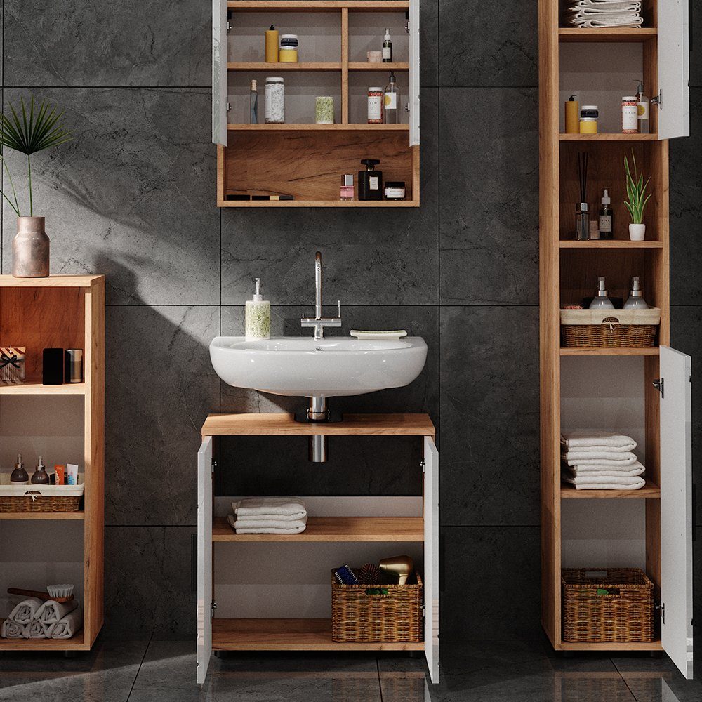 Vicco Badmöbel-Set Irma, Eiche/Weiß Hochglanz, 4 Teile, mit Hochschrank, (4-St., 4er Set)