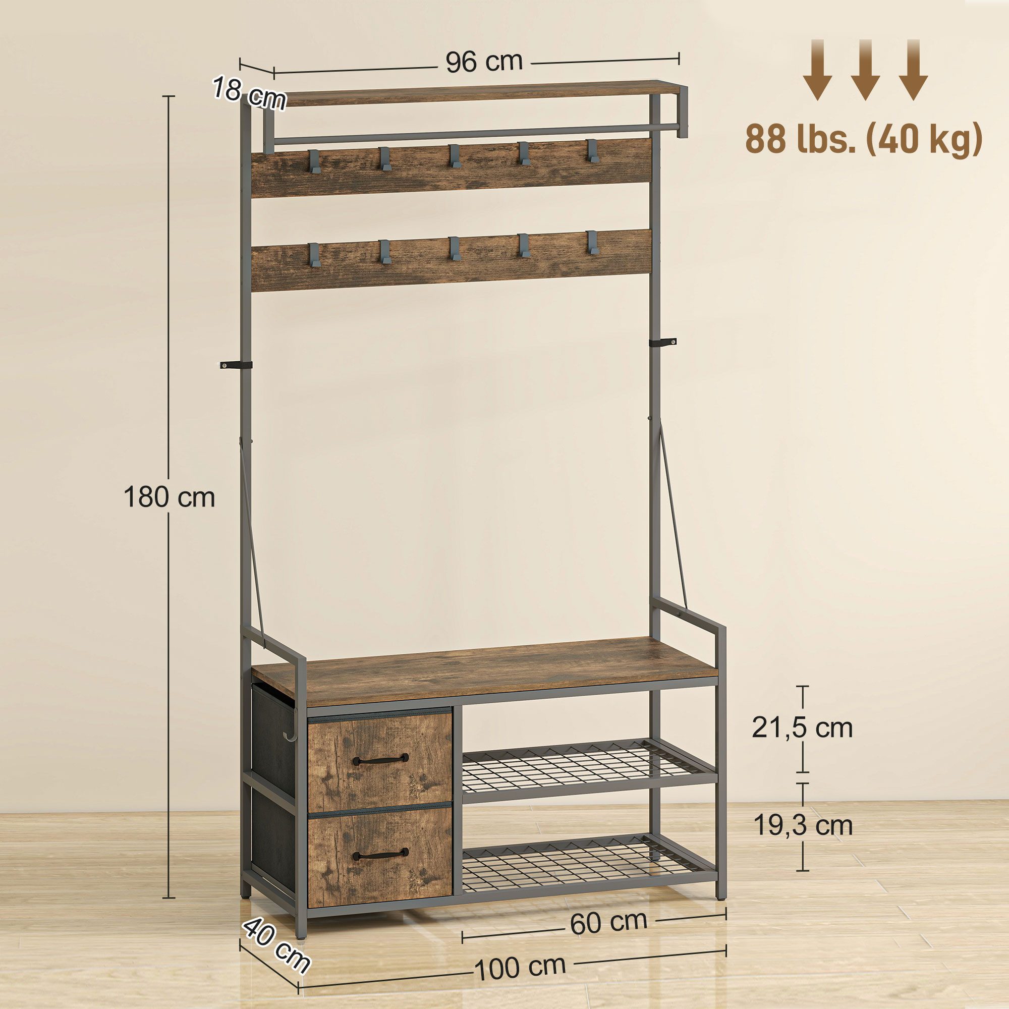 HOMCOM Garderobenständer mit Schuhregal, Industrie-Stil, (Kleidungsständer, 1 St., Garderobe), für Eingangsbereich, Schlafzimmer, Braun+Schwarz