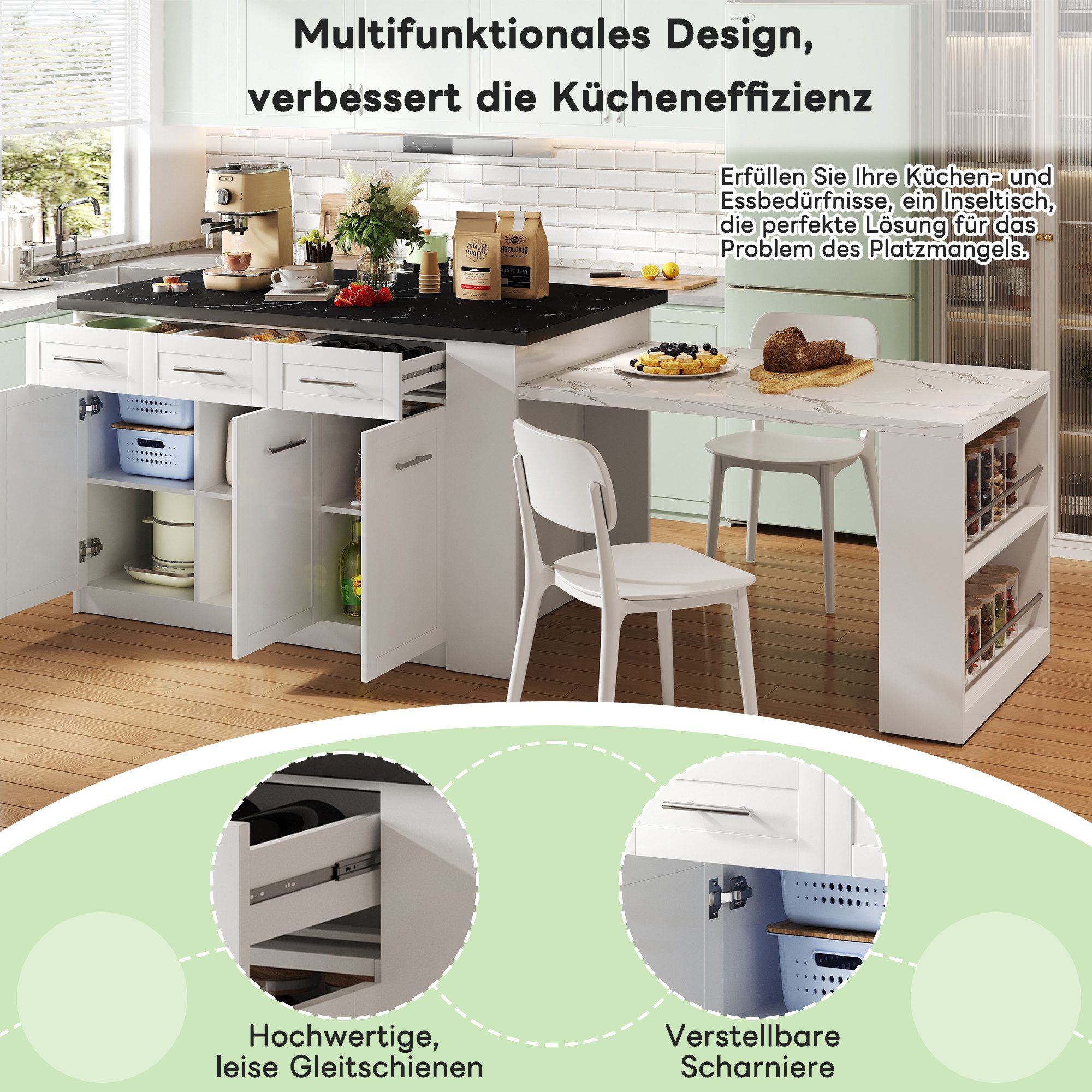 MC Star Küchenwagen Multifunktionale Kücheninsel mit 150cm+96cm, weißer ausziehbarer, (marmorierte Holzarbeitsplatte/Tisch, integrierte Stauschränke, ideal für Familienküchen)