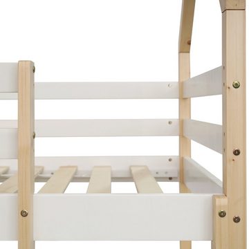 WISHDOR Etagenbett Holzbett Massivholzbett Doppelstockbett Doppelbett Bett Jugendbett (Hausbett mit großer Schublade mit Rausfallschutz ohne Matratze), in Hausform