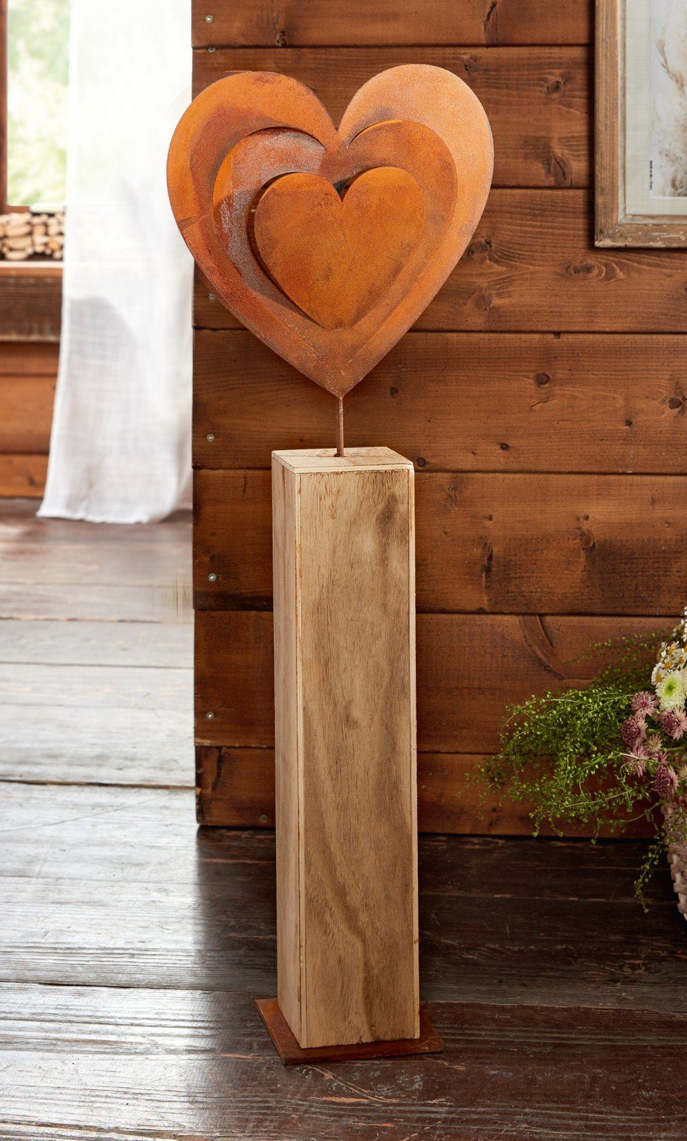 Dekoleidenschaft Dekosäule mit Blockform, "Rostherz" in großem Metalherz aus hoch, 72 cm Holz