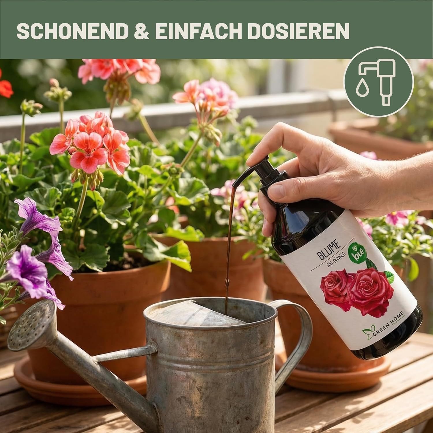 GREEN HOME LOVE NATURE Blumendünger Bio-Dünger flüssig NPK 3+2+6 für Blüh- & Zimmerpflanzen, Blumen, 100 % bio, organisch-mineralisch, extra Kalium, Dosierpumpe – Bild 5 von 5