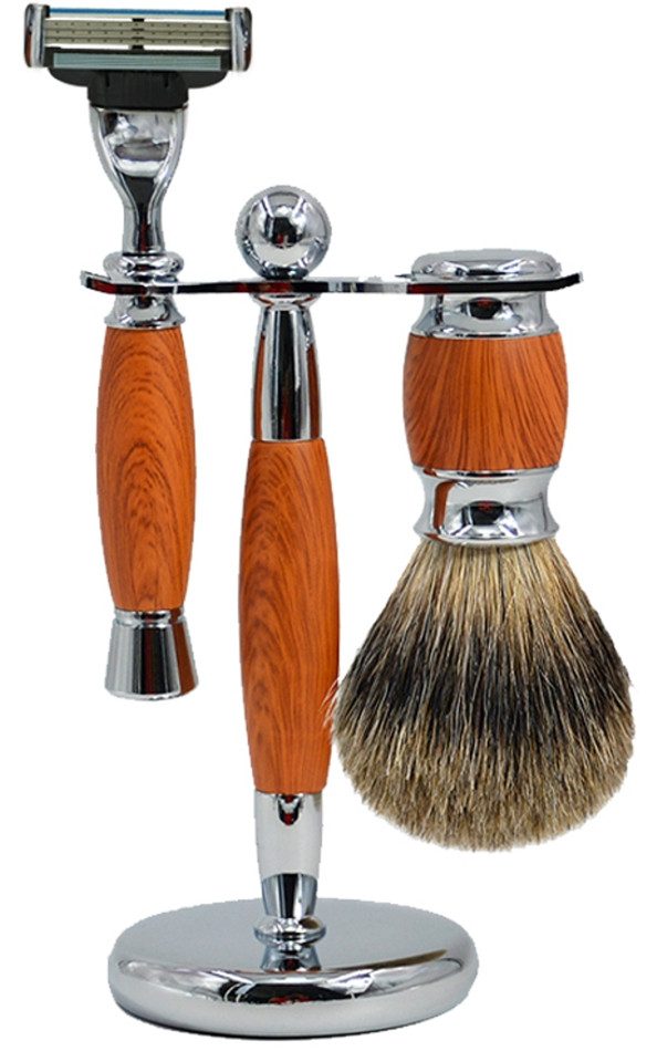 Fantasia Beauty Rasierset RASIER-SET ROSENHOLZ/CHROM Mach 3 Rasierer, 1-tlg., Rasierständer, Rasierer mit Mach 3 Klinge, Rasierpinsel Dachs, Rosenholz