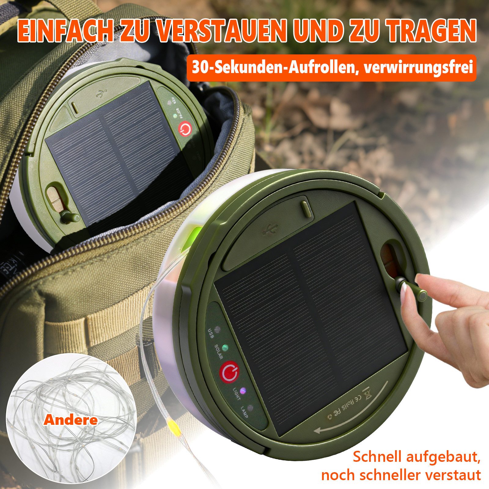 OZAVO LED-Lichterkette Camping Lichterkette Aufrollbar 3 in 1 LED-Lichterkette, 100-flammig, Solar und USB Aufladung LED-Lichterkette mit Fernbedienung – Bild 4 von 5