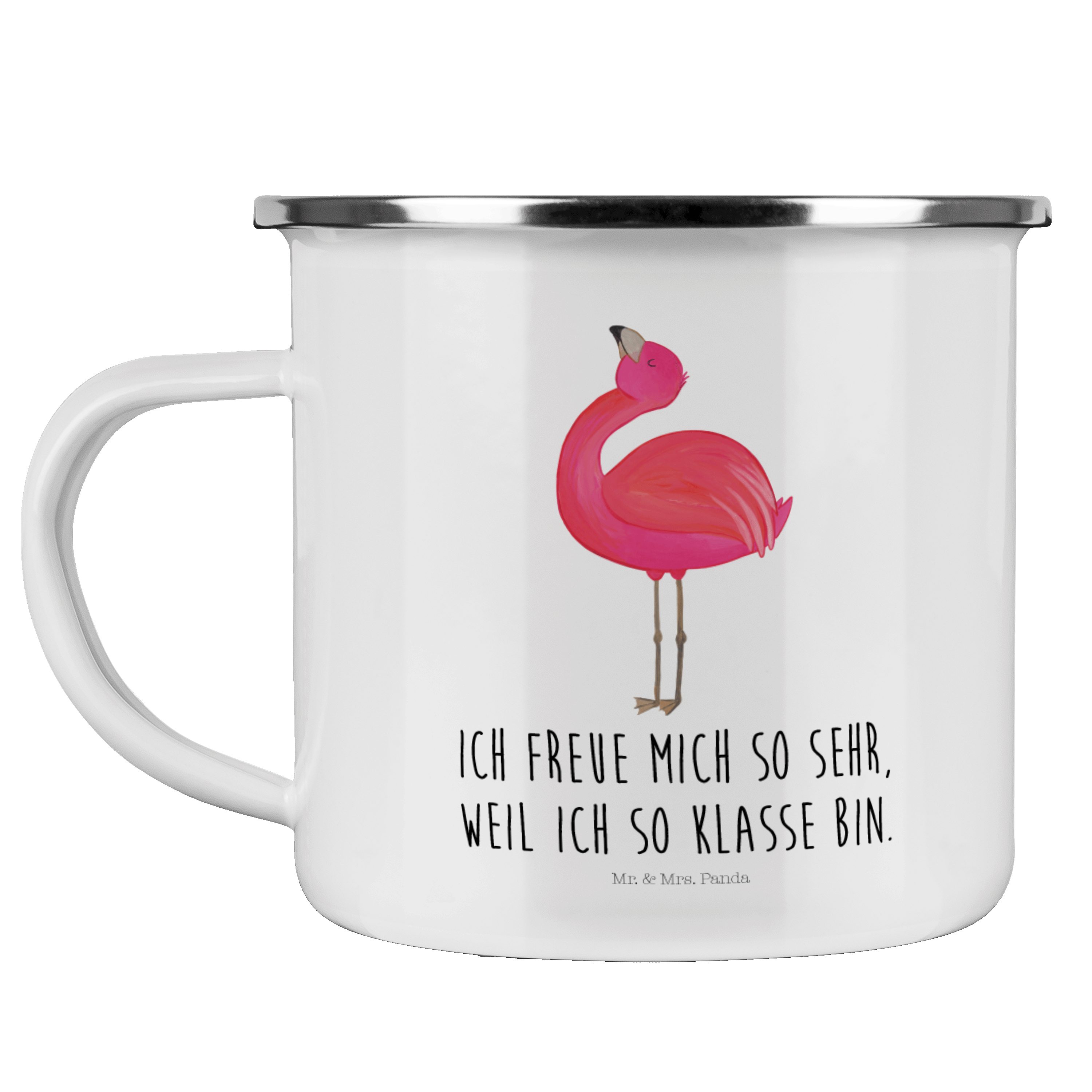 Mr. & Mrs. Panda Becher Flamingo stolz - Weiß - Geschenk, rosa, Campingtasse, zufrieden, Meta, Emaille