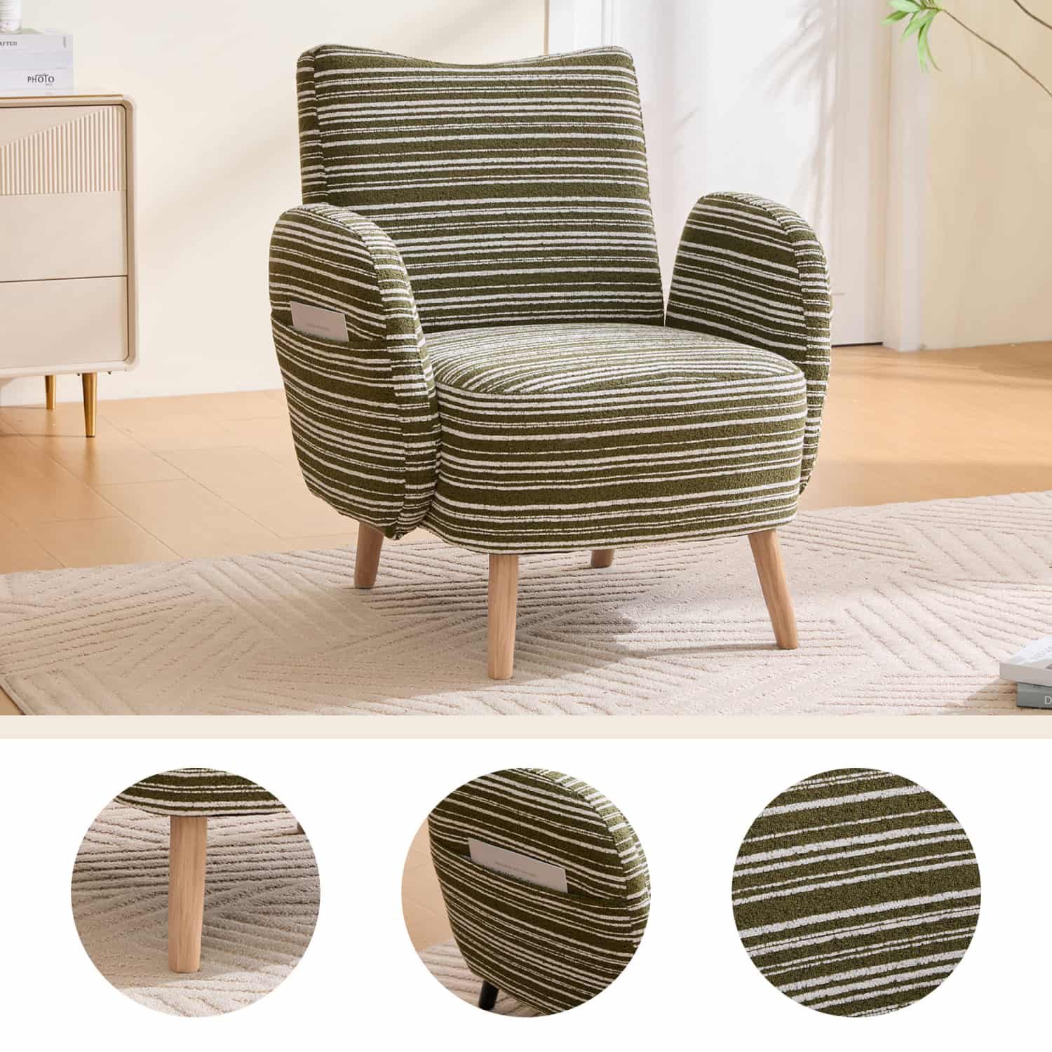 ANYSUN Loungesessel Sessel Loungesessel mit Seitentasche, gepolsterter Bouclé-Lesesessel., Armlehnsessel mit Massivholzbeinen für Wohnzimmer, bis 230 kg.