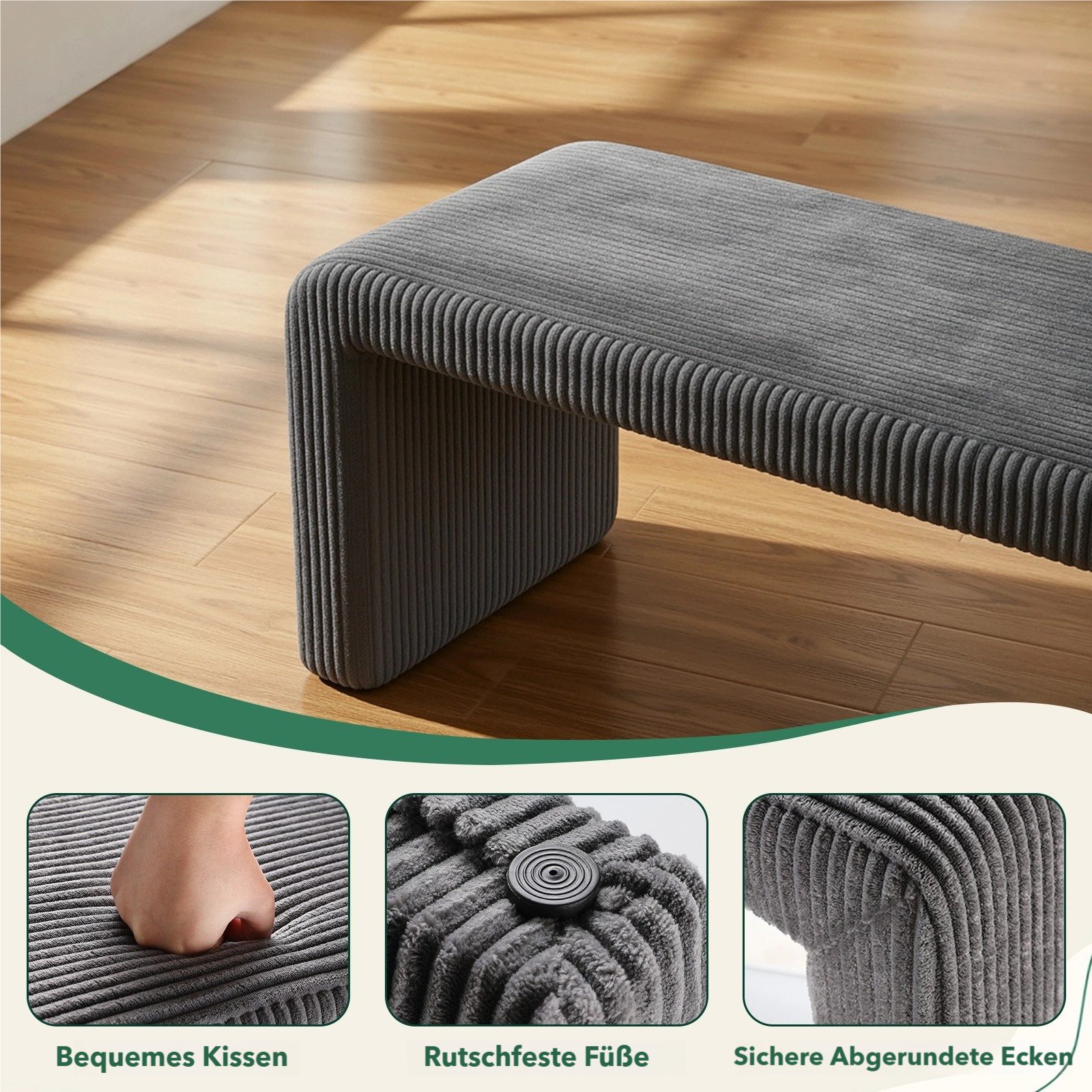 TLGREEN Sitzbank 103 cm × 44 cm × 43cm Polsterbank Set mit Fußhocker, (Doppelbank für 2 Personen,belastbar bis 136 kg,moderner Stoffbezug) – Bild 5 von 5