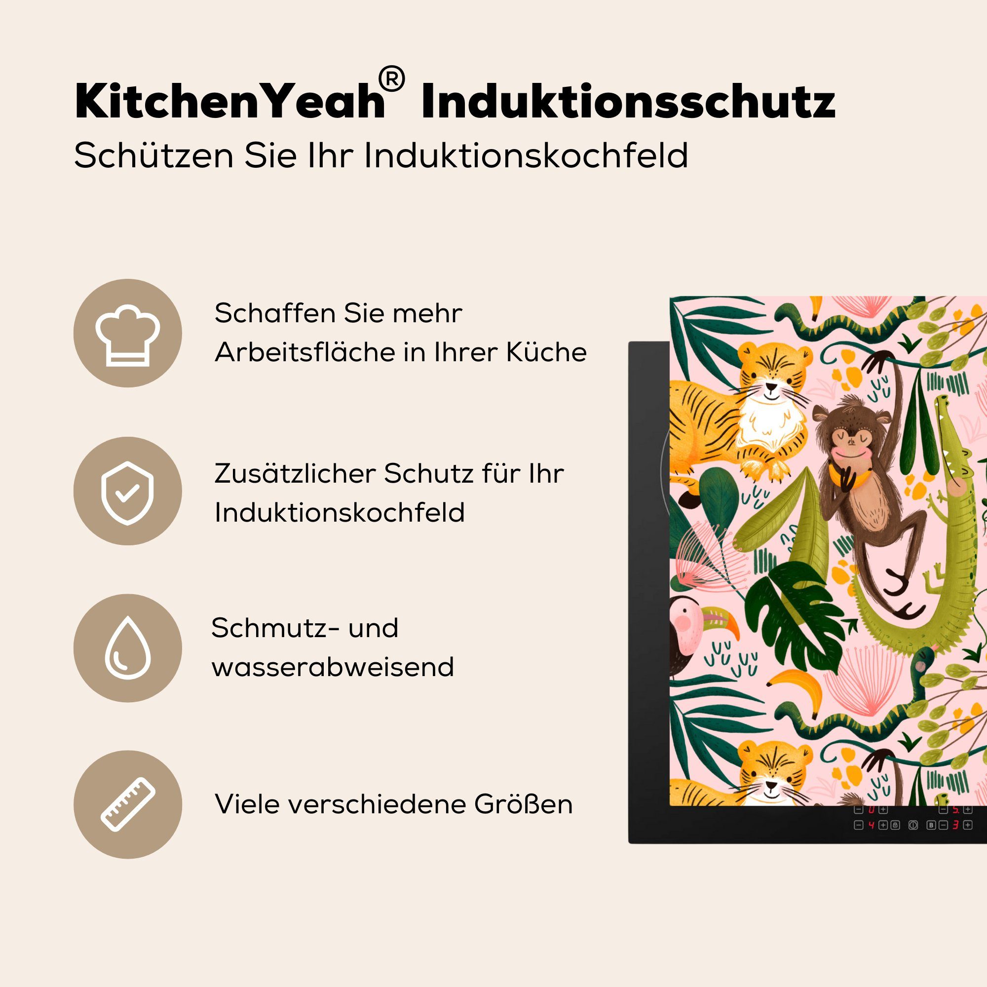 MuchoWow küche - Arbeitsplatte Ceranfeldabdeckung, Herdblende-/Abdeckplatte Tiere - (1 für Rosa, cm, tlg), Vinyl, Dschungel 78x78